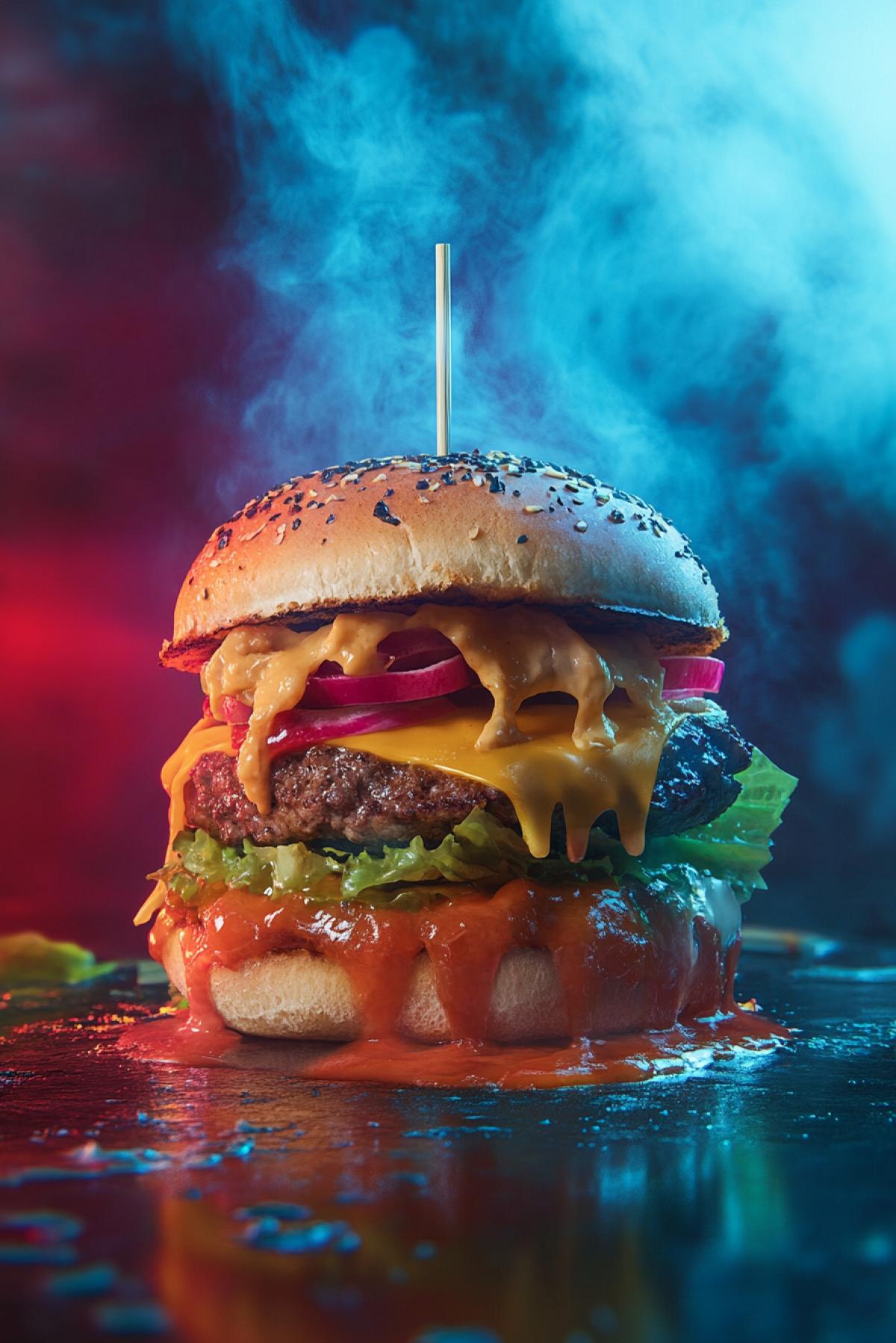 Create an image of a burger, show the most bold, tasty or fantastic version. This can be a photorealistic big with a dripping cheese thread, a minimalistic illustration in pastel colors, a neon cyber carger from the future or a dessert burger with cream and fruits. Advertising image
