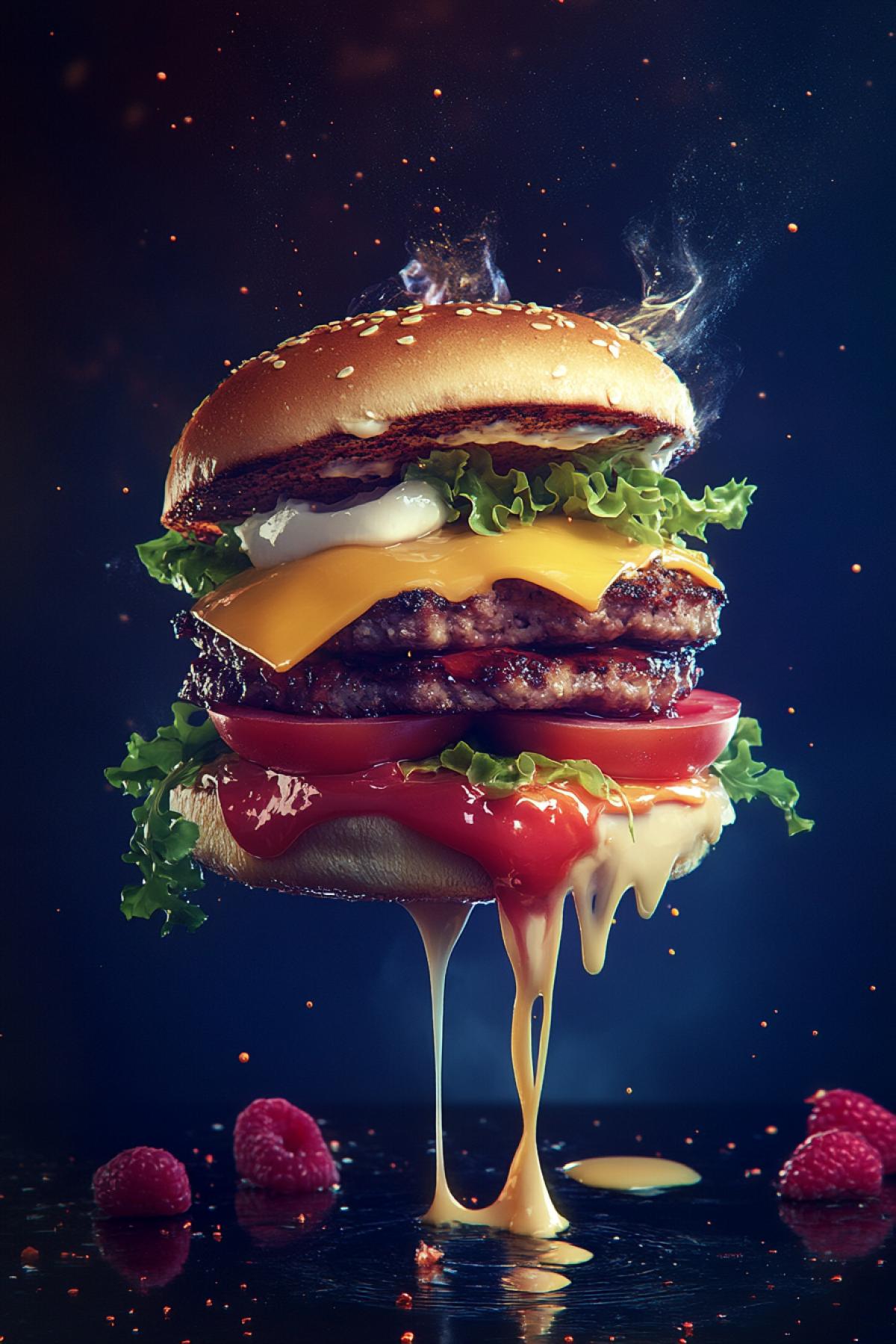 Create an image of a burger, show the most bold, tasty or fantastic version. This can be a photorealistic big with a dripping cheese thread, a minimalistic illustration in pastel colors, a neon cyber carger from the future or a dessert burger with cream and fruits. Advertising image