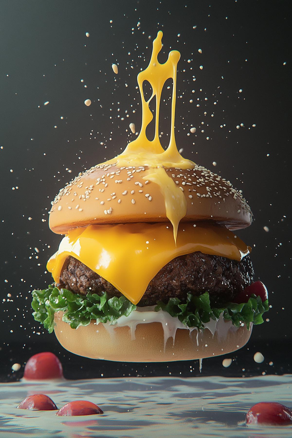 Create an image of a burger, show the most bold, tasty or fantastic version. This can be a photorealistic big with a dripping cheese thread, a minimalistic illustration in pastel colors, a neon cyber carger from the future or a dessert burger with cream and fruits.