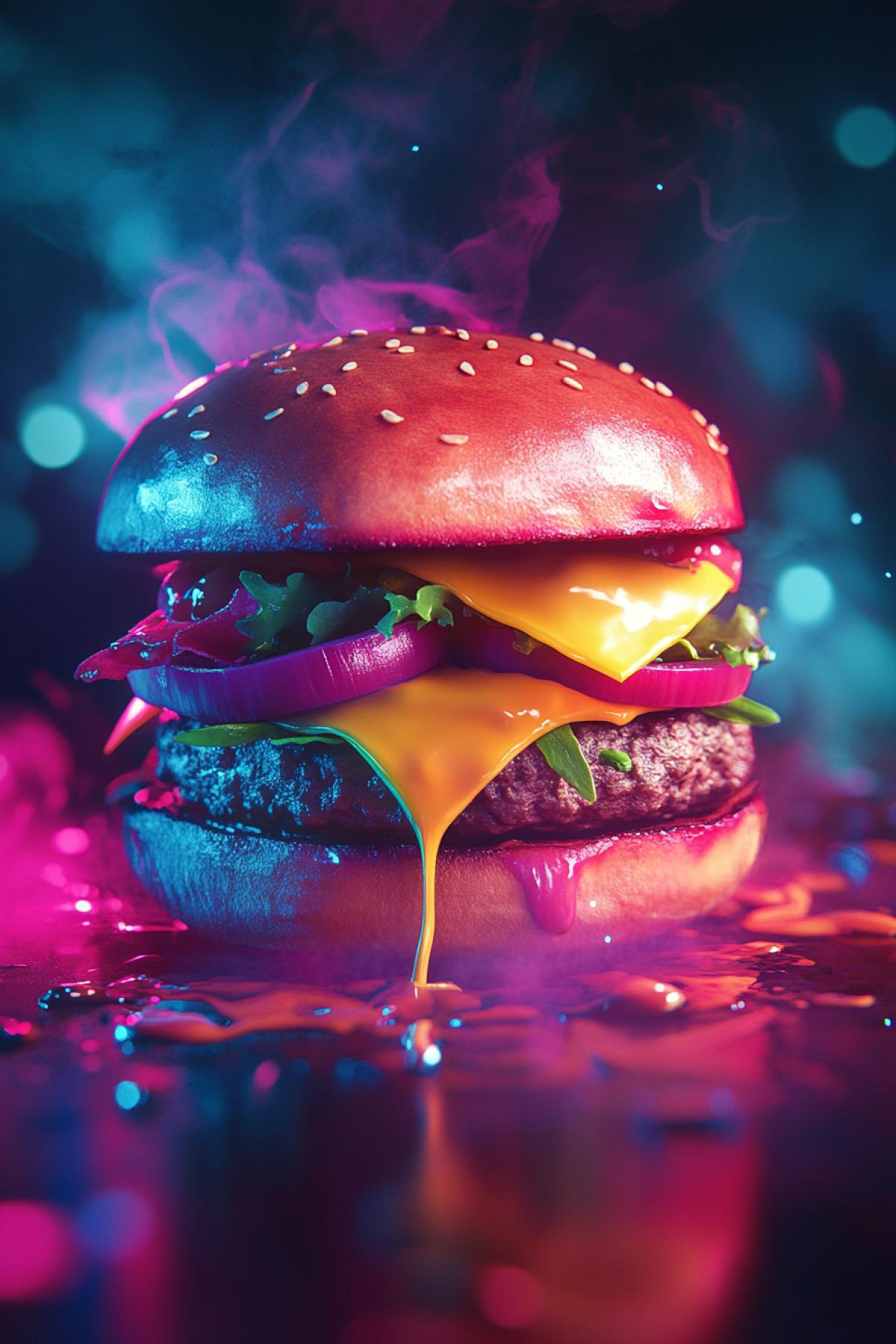 Create an image of a burger, show the most bold, tasty or fantastic version. This can be a photorealistic big with a dripping cheese thread, a minimalistic illustration in pastel colors, a neon cyber carger from the future or a dessert burger with cream and fruits.