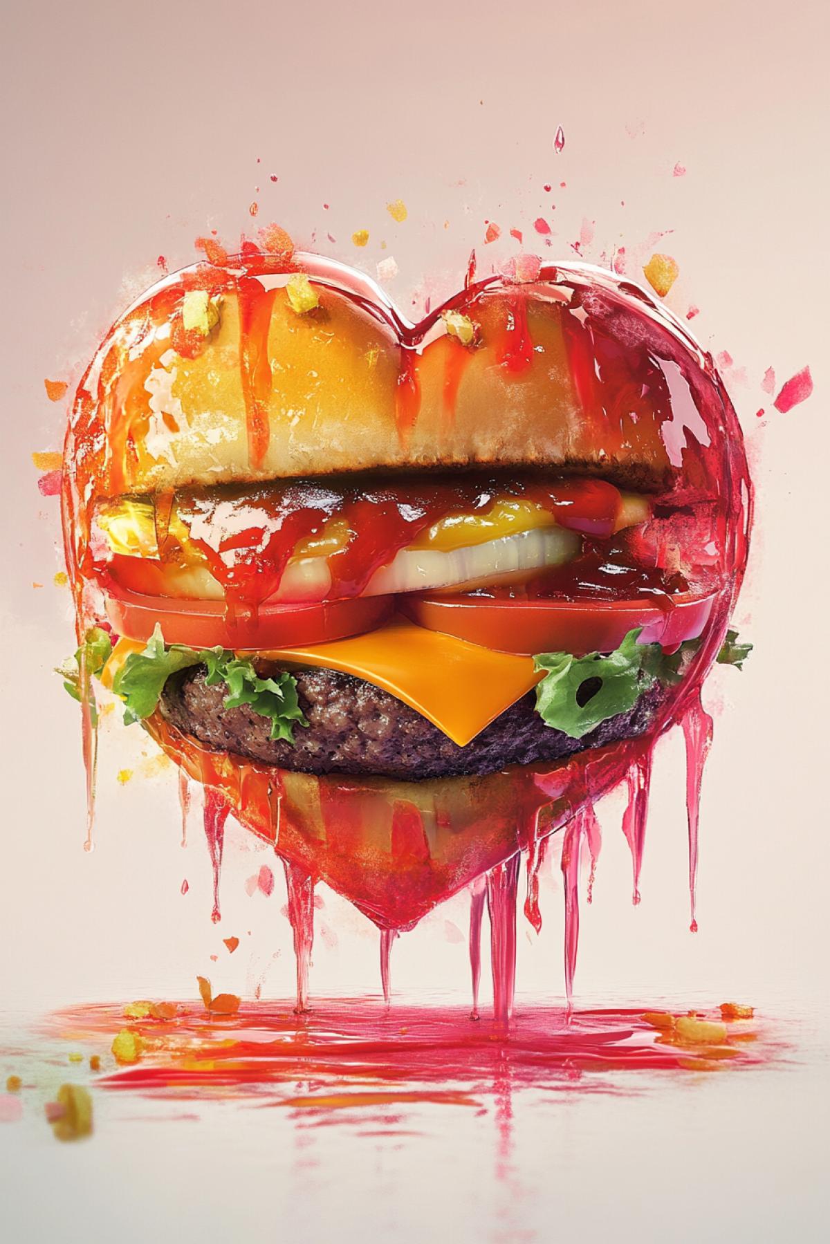 Create an image of a burger, show the most bold, tasty or fantastic version. This can be a photorealistic big with a dripping cheese thread, a minimalistic illustration in pastel colors, a neon cyber carger from the future or a dessert burger with cream and fruits. in the shape of a heart. In the style of reality on a light background.