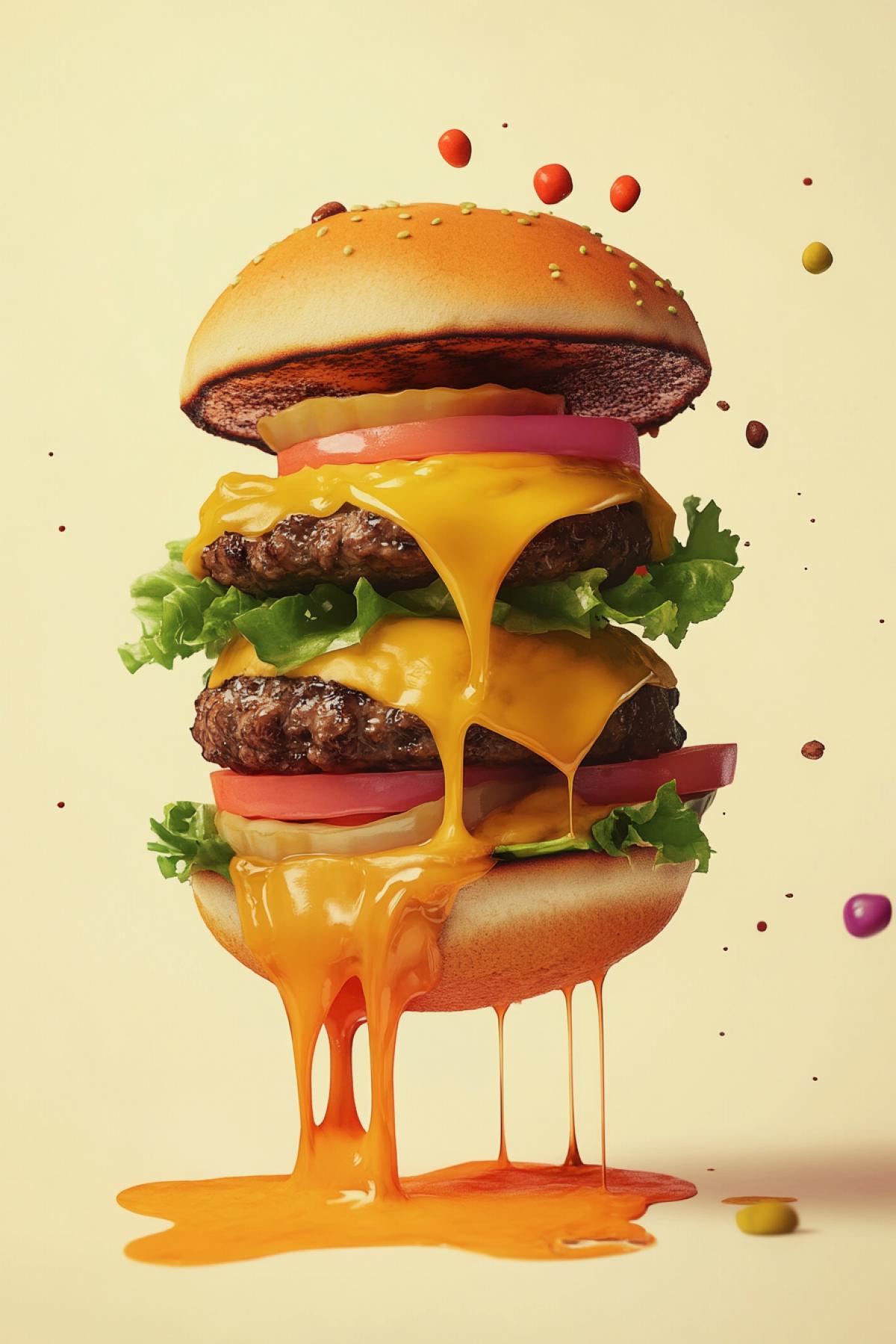 Create an image of a burger, show the most bold, tasty or fantastic version. This can be a photorealistic big with a dripping cheese thread, a minimalistic illustration in pastel colors, a neon cyber carger from the future or a dessert burger with cream and fruits. in the shape of a heart. In the style of reality on a light background.