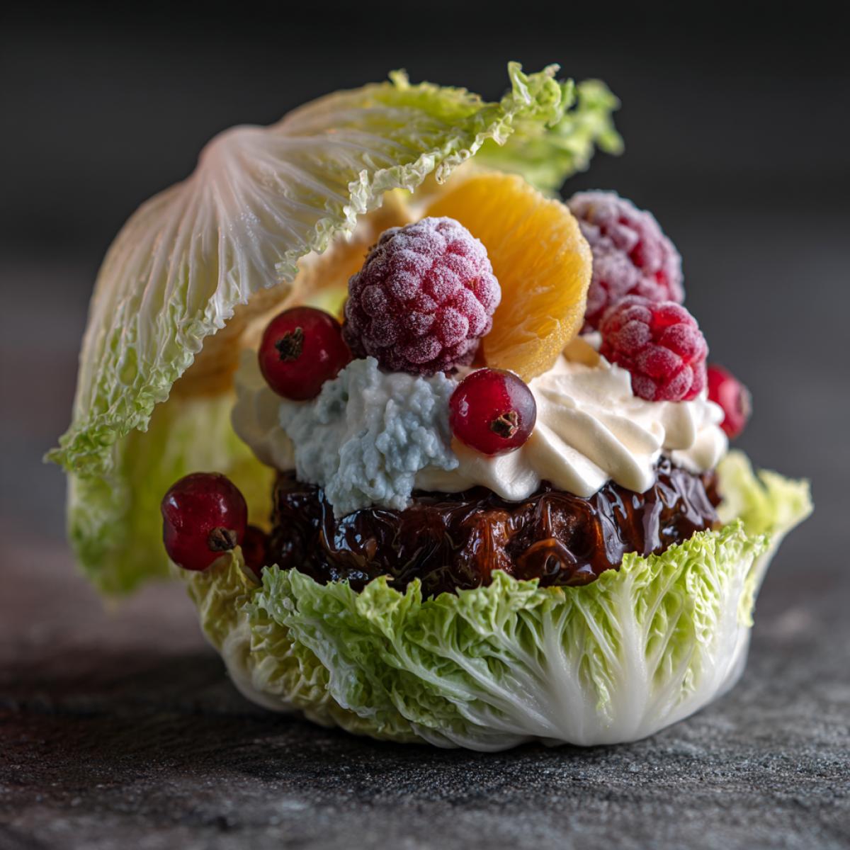 Cyberburger from the future dessert burger with cream and fruit on a cabbage sheet