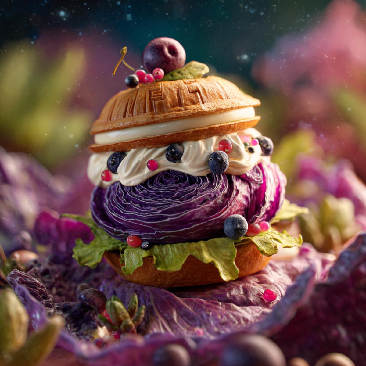 Cyberburger from the future dessert burger with cream and fruit on a cabbage sheet