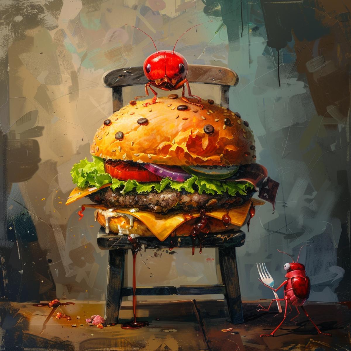 Super big hamburger, bright, juicy. Before a hamburger on a chair sits red with dark round spots a small bug with a knife and a fork in the paws