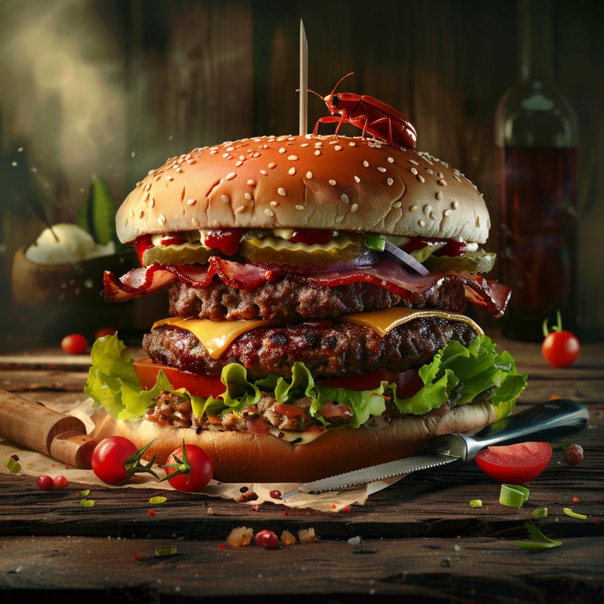 Super big hamburger, bright, juicy. Before the Hamburger sits red with dark round spots, a small bug with a knife and a fork
