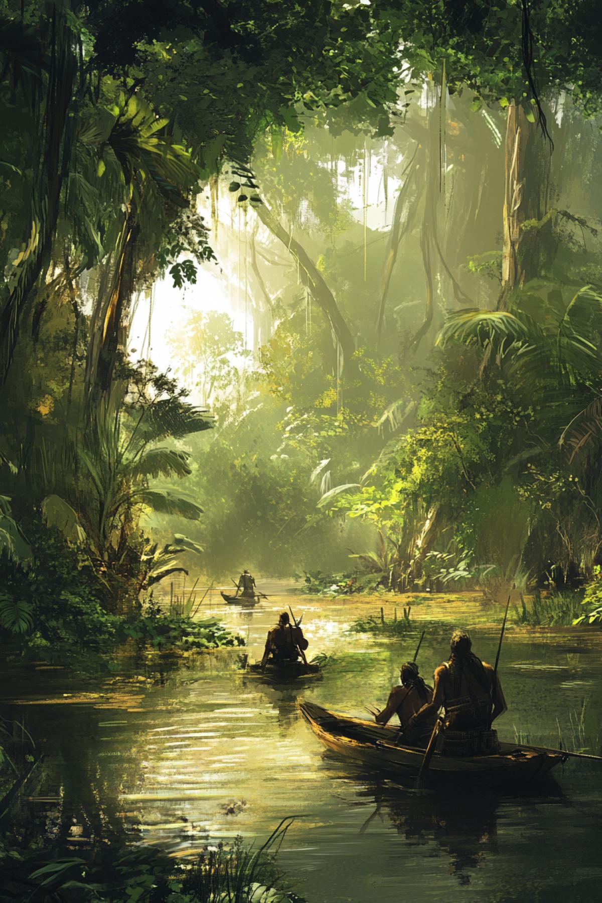 A tribe living in a swamp. Fauna and Flora Swamp is pronounced, the members of the tribe are hiding, hunting