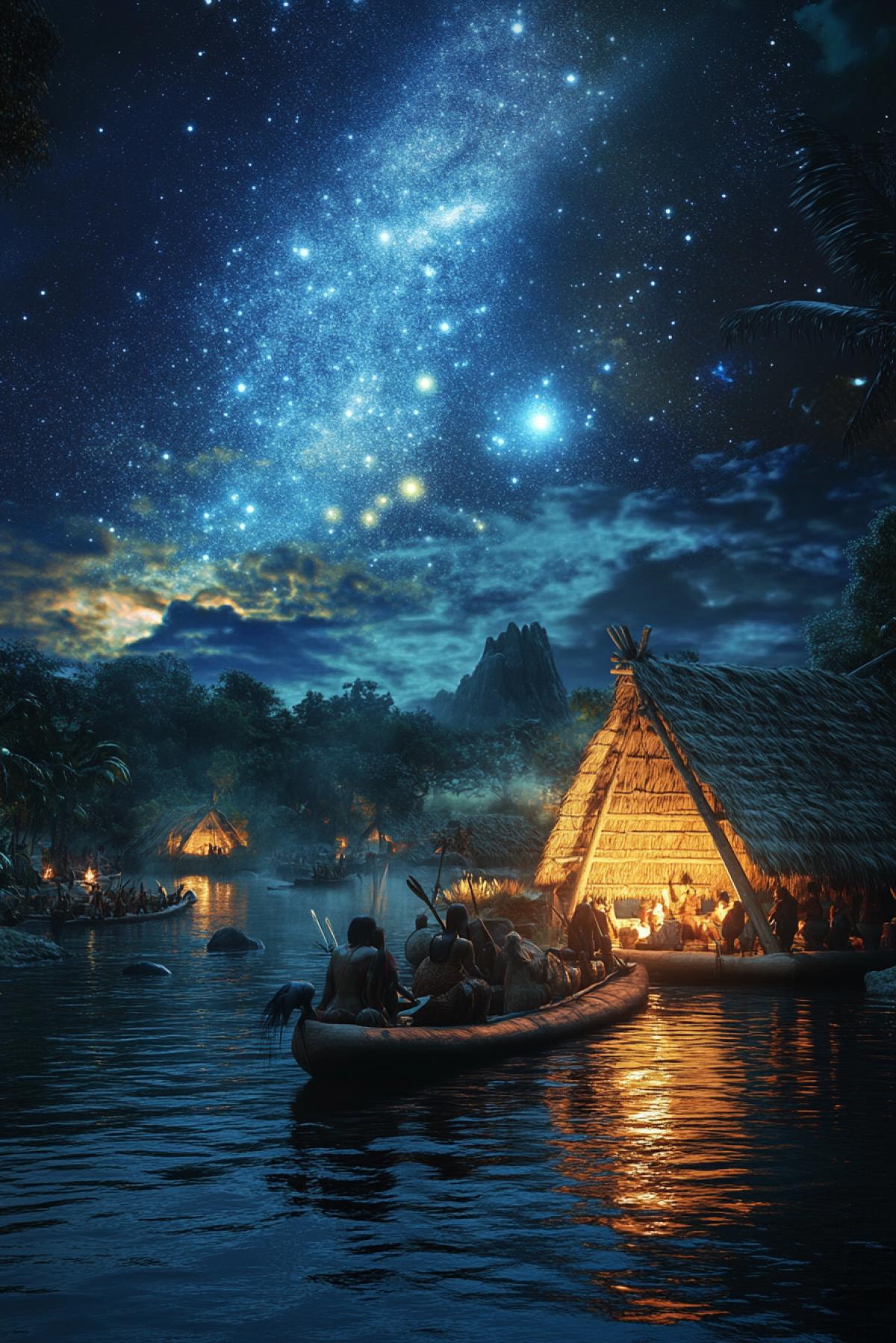 Create a photo of the tribe living in the swamps. They float on the raft with a star night. In the pets they have swamp animals.