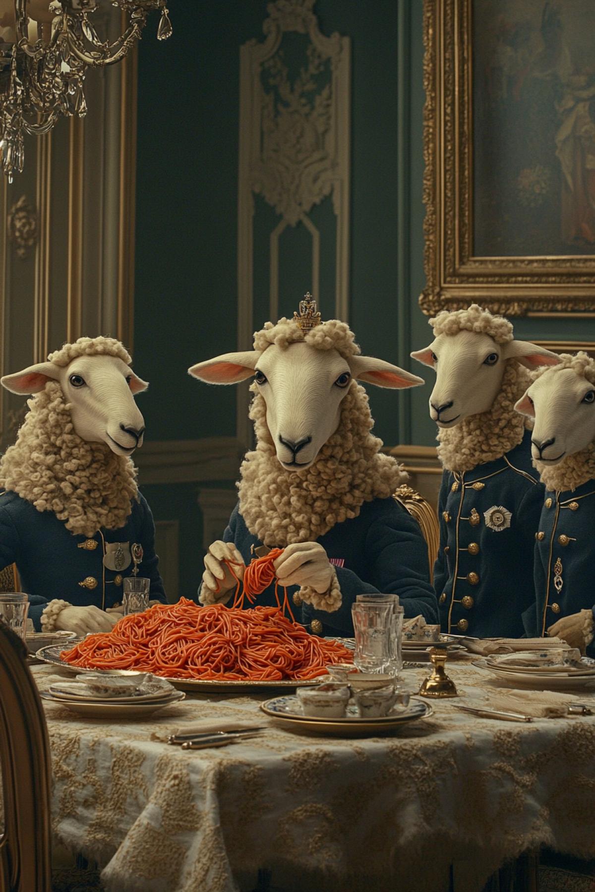 scene of british formal royal dinner, six sheep sitting at table and eating red spaghetti while a couple of sheep serve them in uniform, hilarious and funny