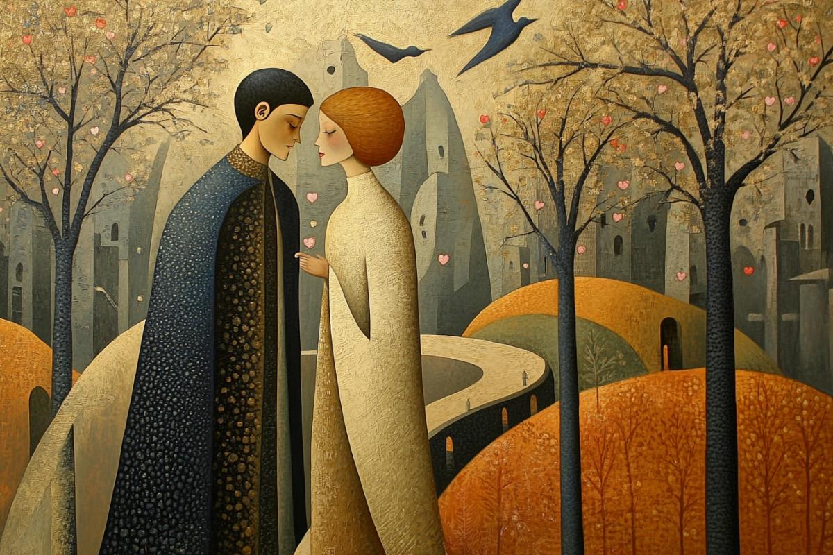 Mural, Morris Hirshfield style. Two lovers: a man and a woman on a bridge in a surreal city with trees, on the trees there are small pink hearts and a flying bird 9:16