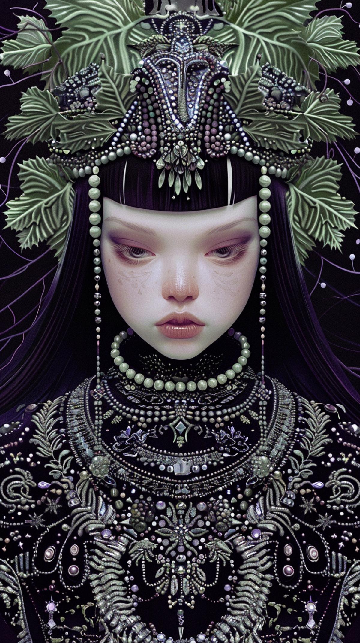 Dark background, sfumato, dark fentezi,Digital illustration in semi-baby-doll style,Lii Bogle stile, soft light, image Queen Autumn in a crown of maple leaves and rowan beads, in Russian folk style