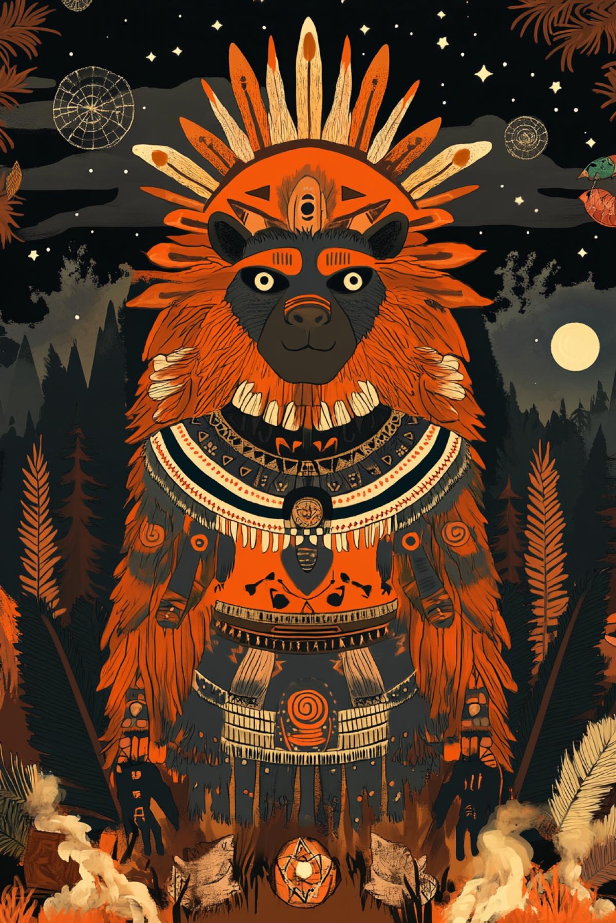Create an image of the fictional tribe of Capybar, existing in harsh nature. Show life and spirit: dwelling, rites, crafts, clothes made of natural materials, patterns/tattoos, totems, tools. Wednesday to choose from: jungle, desert, tundra, mountains, swamps or island; You can add satellite animals, bonfires, smoke, starry sky.