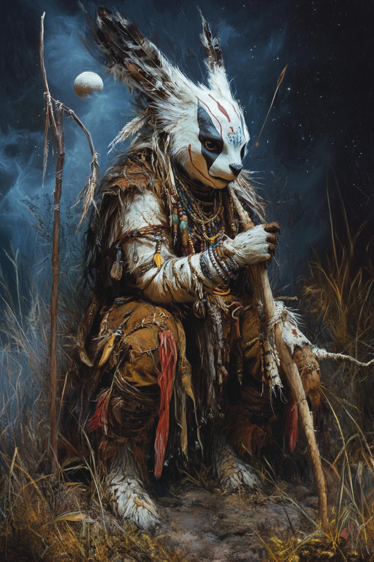 Create an image of a fictional tribe of invisible animals that exist in harsh nature. Show life and spirit: dwelling, rites, crafts, clothes made of natural materials, patterns/tattoos, totems, tools. Wednesday to choose from: jungle, desert, tundra, mountains, swamps or island; You can add satellite animals, bonfires, smoke, starry sky.
