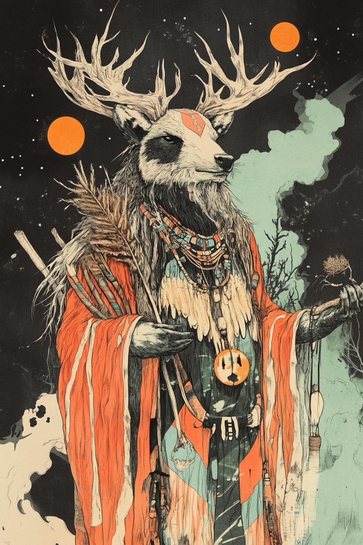 Create an image of a fictional tribe of invisible animals that exist in harsh nature. Show life and spirit: dwelling, rites, crafts, clothes made of natural materials, patterns/tattoos, totems, tools. Wednesday to choose from: jungle, desert, tundra, mountains, swamps or island; You can add satellite animals, bonfires, smoke, starry sky.