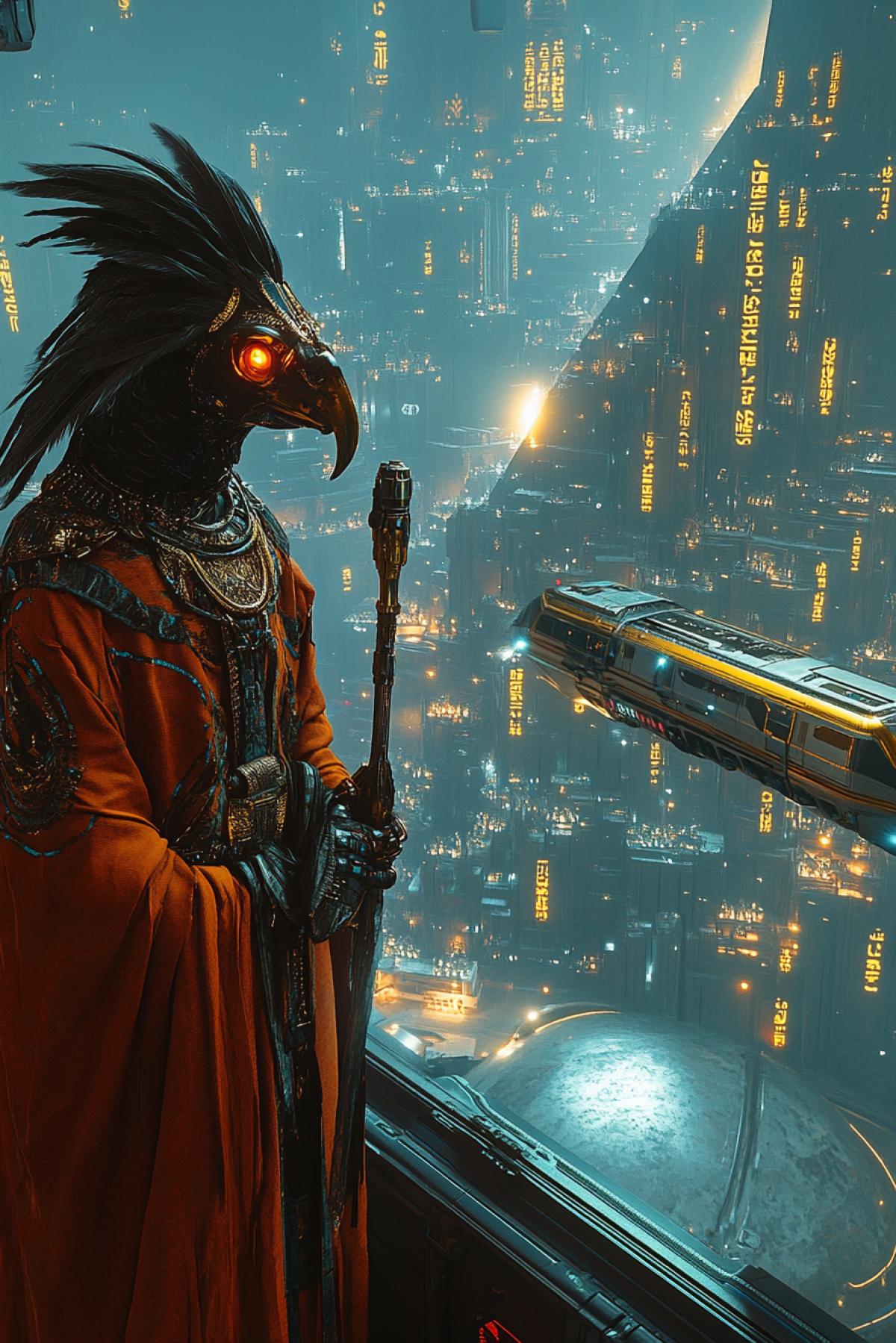 A bizarre Egyptian shaman-sorcerer with golden hieroglyphs inscribed on his clothes and floating in space. The sorcerer is wearing a large Ibis bird head mask, an orange fluttering chiton, and a staff. In the cyberpunk + antique style, he stands on the captains bridge of an elegant spaceship, looking at the pyramids in a futuristic city of the future. Next to him is a futuristic train hovering above the Earth on hovering rails, illuminated by bright lights. This fantasy picture, set in the year 2300, depicts a dream city made with Egyptian hieroglyphs in a hyperrealistic manner. Still from a movie, high detail, 8K, Unreal Engine, Octane render, cinematic lighting, volumetric lighting, accent lighting, creative, technological, hyperrealistic, professional RGB photography, ray tracing, shadows + balance, white balance, high-quality reflections.