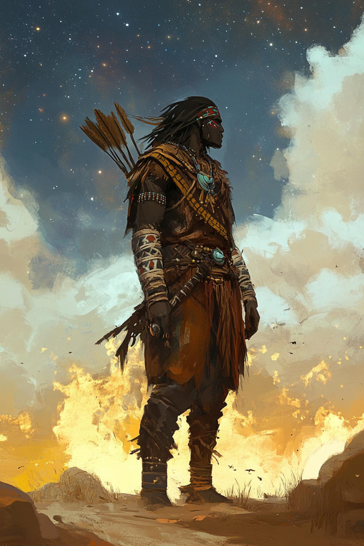 Create an image of a fictional tribe existing in harsh nature. Generate life and spirit: dwelling, rites, clothes made of natural materials, patterns/tattoos, totems, tools. Wednesday to choose: desert; You can add satellite animals, bonfires, smoke, starry sky.