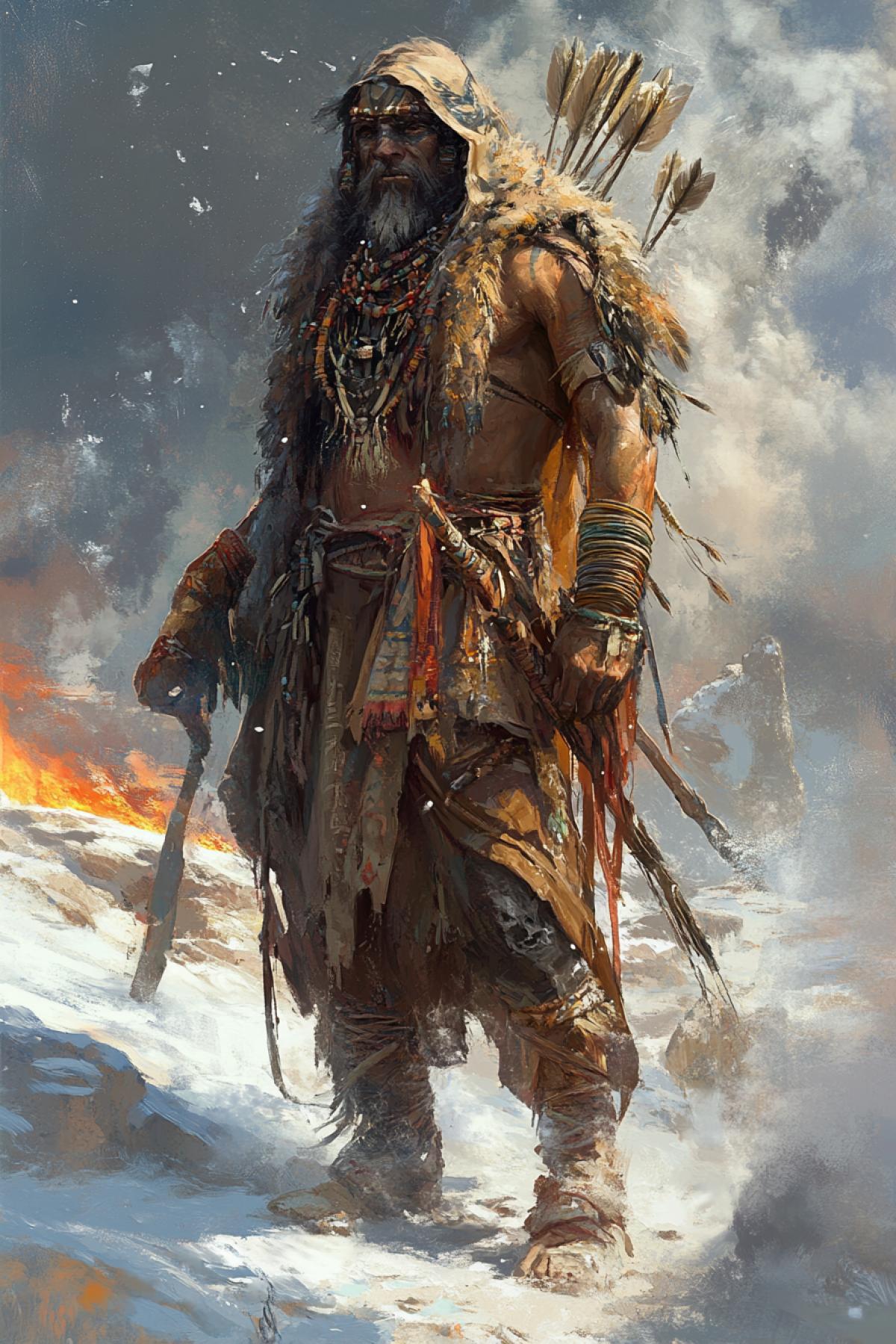 Create an image of a fictional tribe existing in harsh nature. Generate life and spirit: dwelling, rites, clothes made of natural materials, patterns/tattoos, totems, tools. Wednesday to choose: desert; You can add satellite animals, bonfires, smoke, starry sky.