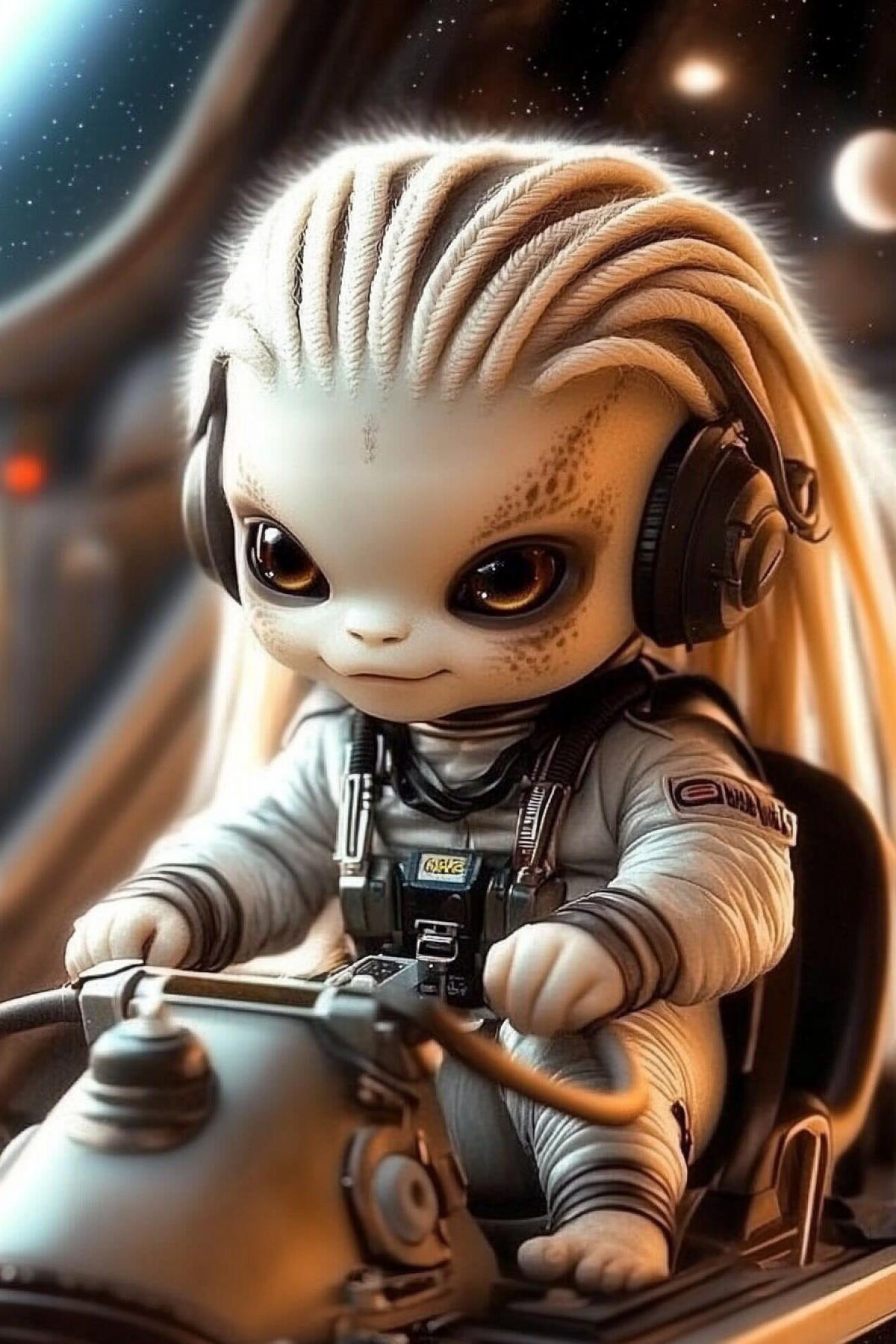 PixAr + cinematography. An adorable baby Predator, with dreadlocks of bone hair fluttering down the sides of his alien head (from a sci-fi movie), at the controls of a small, rusty old plane. Pilot goggles, headphones. Against the backdrop of space: a flying camet, planets, a swirl of stardust.