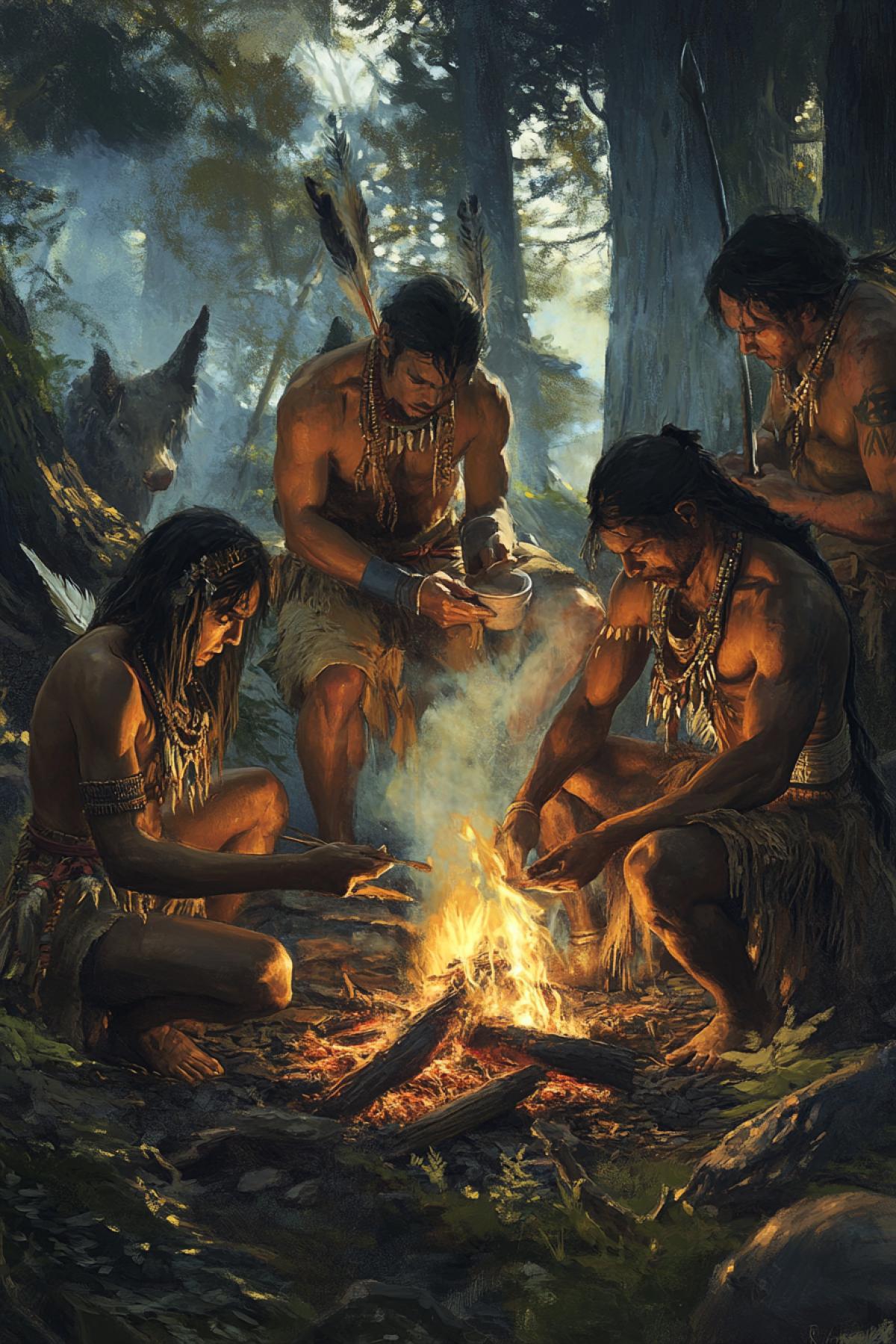 Create an image of a fictional tribe, all members of the tribe who are engaged in cooking at the stake, someone makes weapons that exists in harsh nature. Show life and spirit: dwelling, rites, crafts, clothes made of natural materials, patterns/tattoos, totems, tools. Wednesday to choose from: jungle, desert, tundra, mountains, swamps or island; You can add satellite animals, bonfires, smoke, starry sky.