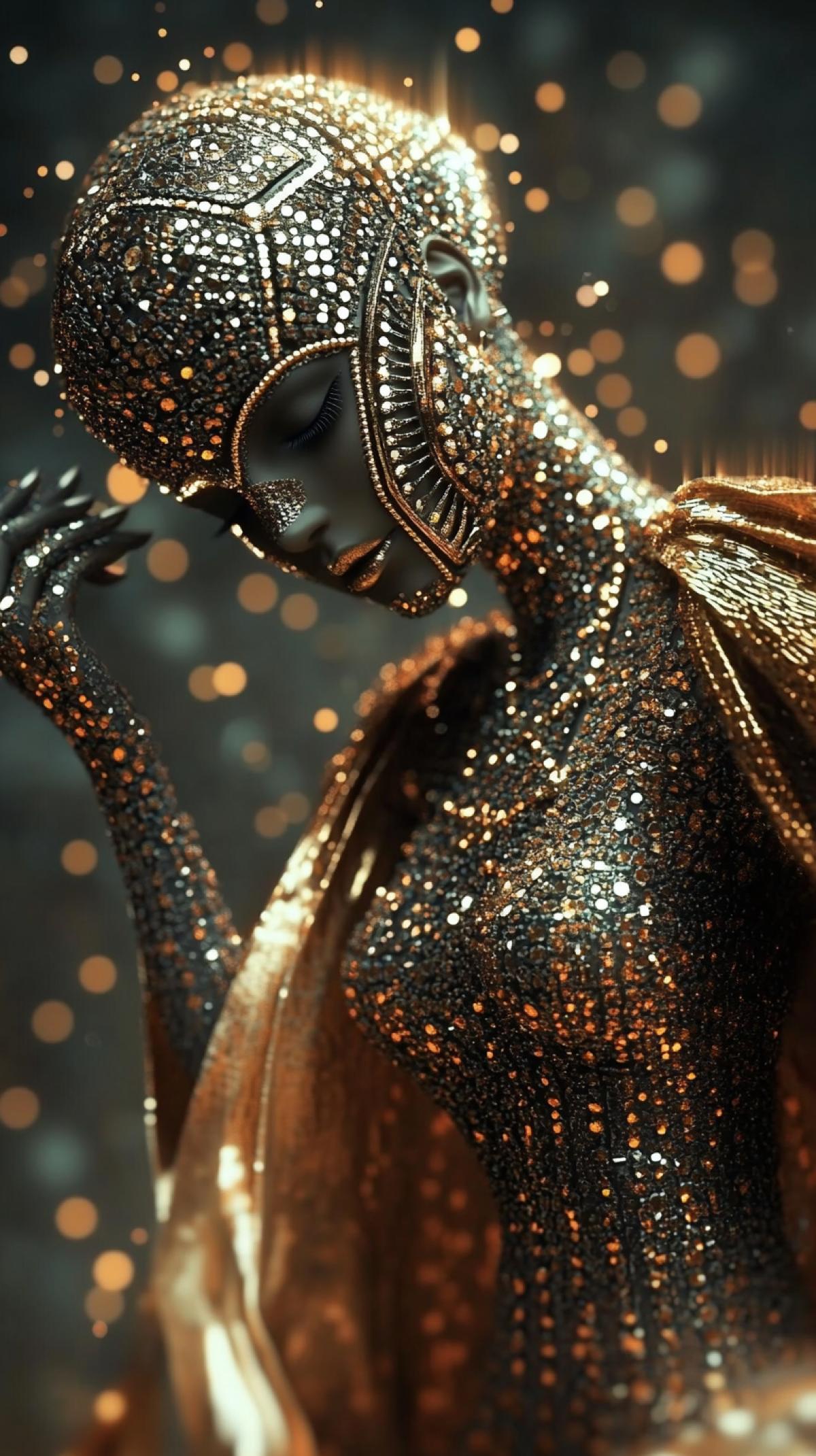 Dancer in a spectacular 4k against a dark atmosphere. dancer is dressed in an elegant golden-burgundy suit with a metallic sheen, on her tanned skin golden tattoos in Art Deco style, geometric patterns all over her torso and limbs. flowing burgundy cape falls off her shoulders and is picked up in middle of the movement. front illumination highlights the golden tattoos and fabric textures of the costume, creating deep shadows in dark background behind  figure ar 9:16