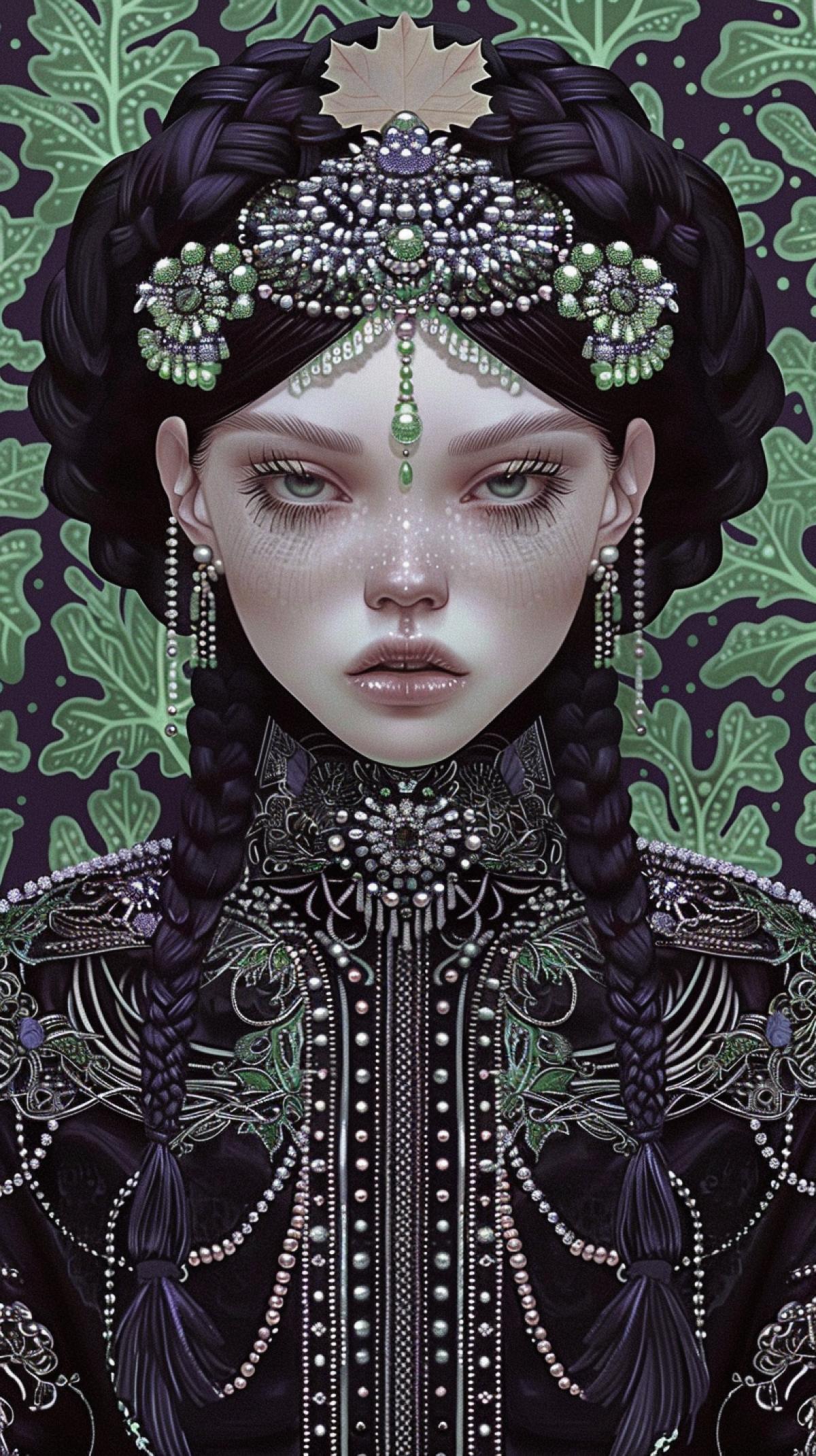 Dark background, sfumato, dark fentezi,Digital illustration in semi-baby-doll style,Lii Bogle stile, soft light, image Queen Autumn in a crown of maple leaves and rowan beads, in Russian folk style
