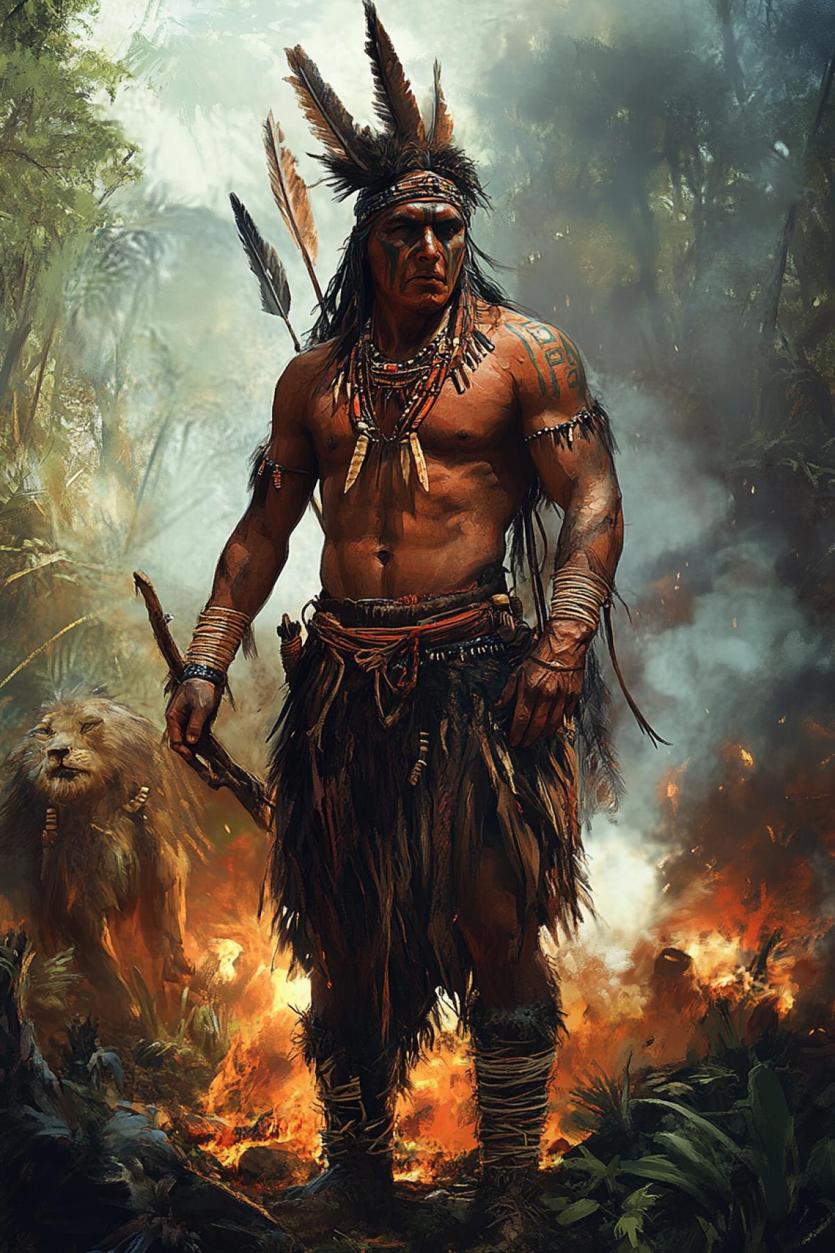 Create an image of a fictional tribe existing in harsh nature. Holiday in the tribe. Show life and spirit: dwelling, rites, crafts, clothes made of natural materials, patterns/tattoos, totems, tools. Wednesday to choose from: jungle, desert, tundra, mountains, swamps or island; You can add satellite animals, bonfires, smoke, starry sky.