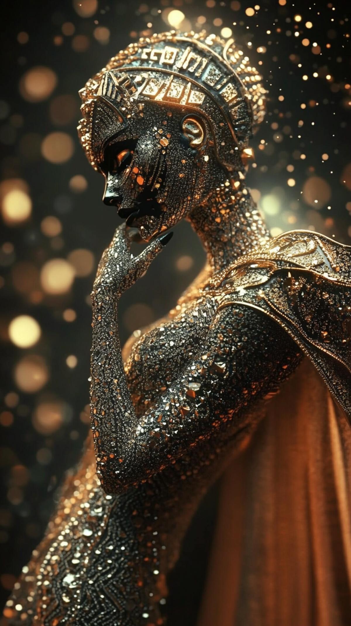 Dancer in a spectacular 4k against a dark atmosphere. dancer is dressed in an elegant golden-burgundy suit with a metallic sheen, on her tanned skin golden tattoos in Art Deco style, geometric patterns all over her torso and limbs. flowing burgundy cape falls off her shoulders and is picked up in middle of the movement. front illumination highlights the golden tattoos and fabric textures of the costume, creating deep shadows in dark background behind figure ar 9:16