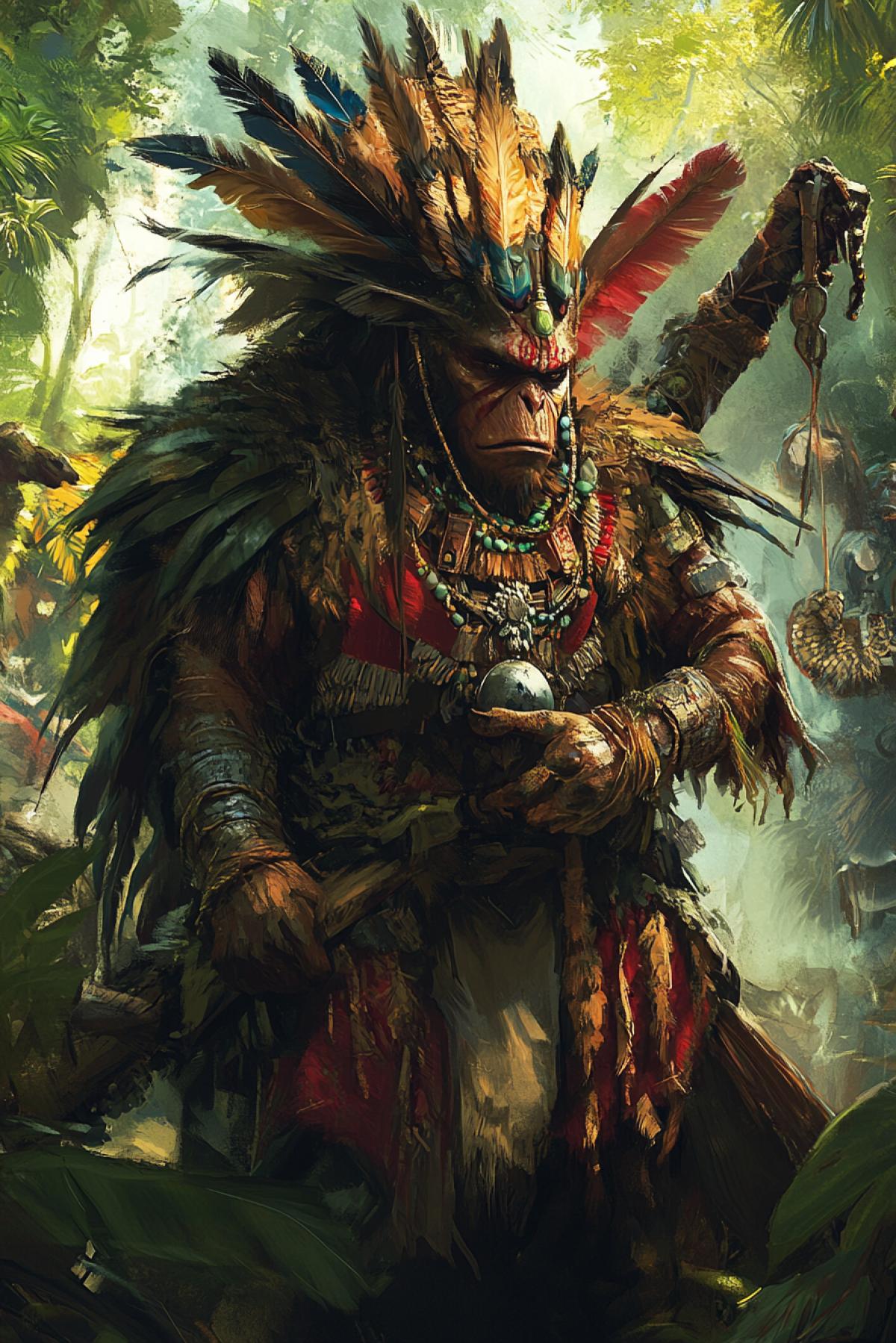 Create an image of a fictional tribe existing in harsh nature. Show the holiday in the tribe in bright beauties. Wednesday to choose from: jungle; You can add satellite animals. In the style of star warrior