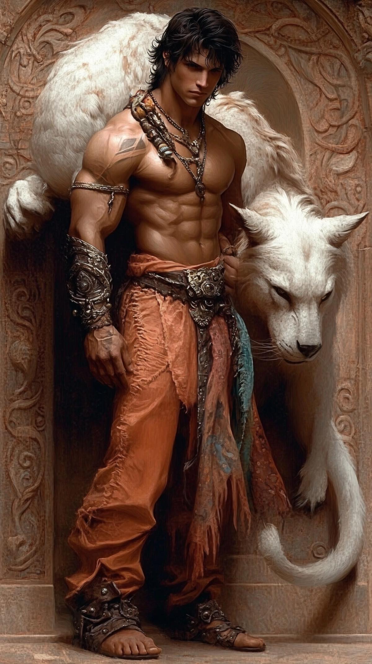 picture in the style of Boris Vallejo, handsome man in full growth. changing his appearance to an animal, Itilgail, magical, beautiful, fabulous, fantasy, masterpiece, aesthetic, many details, realistic, high resolution, high detail, digital art, isometric drawing, high quality, fantasy ar 9:16