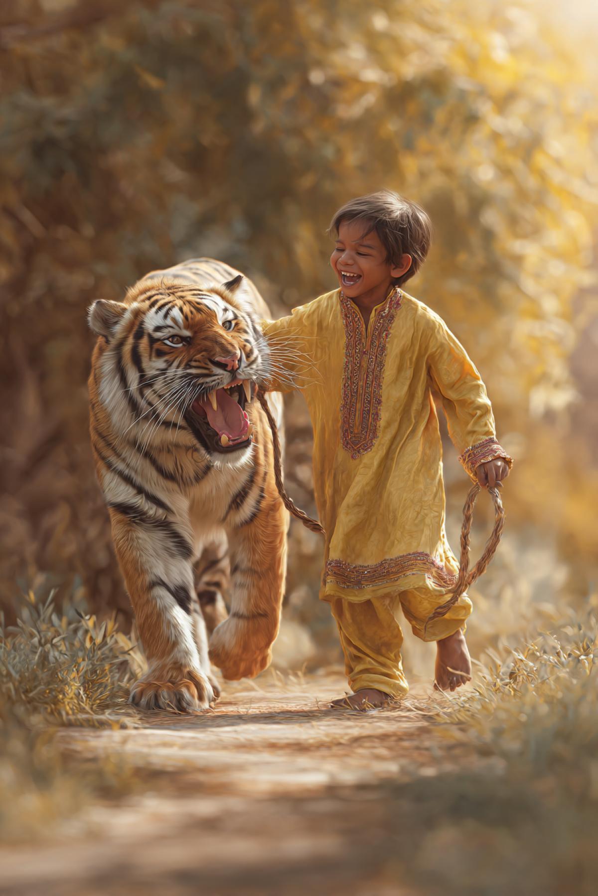 A laughing 5-year-old Indian child in a bright traditional kurta pulling the tail of a resisting Bengal tiger. The tiger is trying to escape, muscles tense, expressing mild annoyance but not aggression. Golden hour lighting, vibrant colors, whimsical atmosphere, hyperrealistic style, detailed expressions, magical realism, dynamic movement, childs joy, tigers patience, Indian village background, warm sunlight, 8k, surreal harmony.