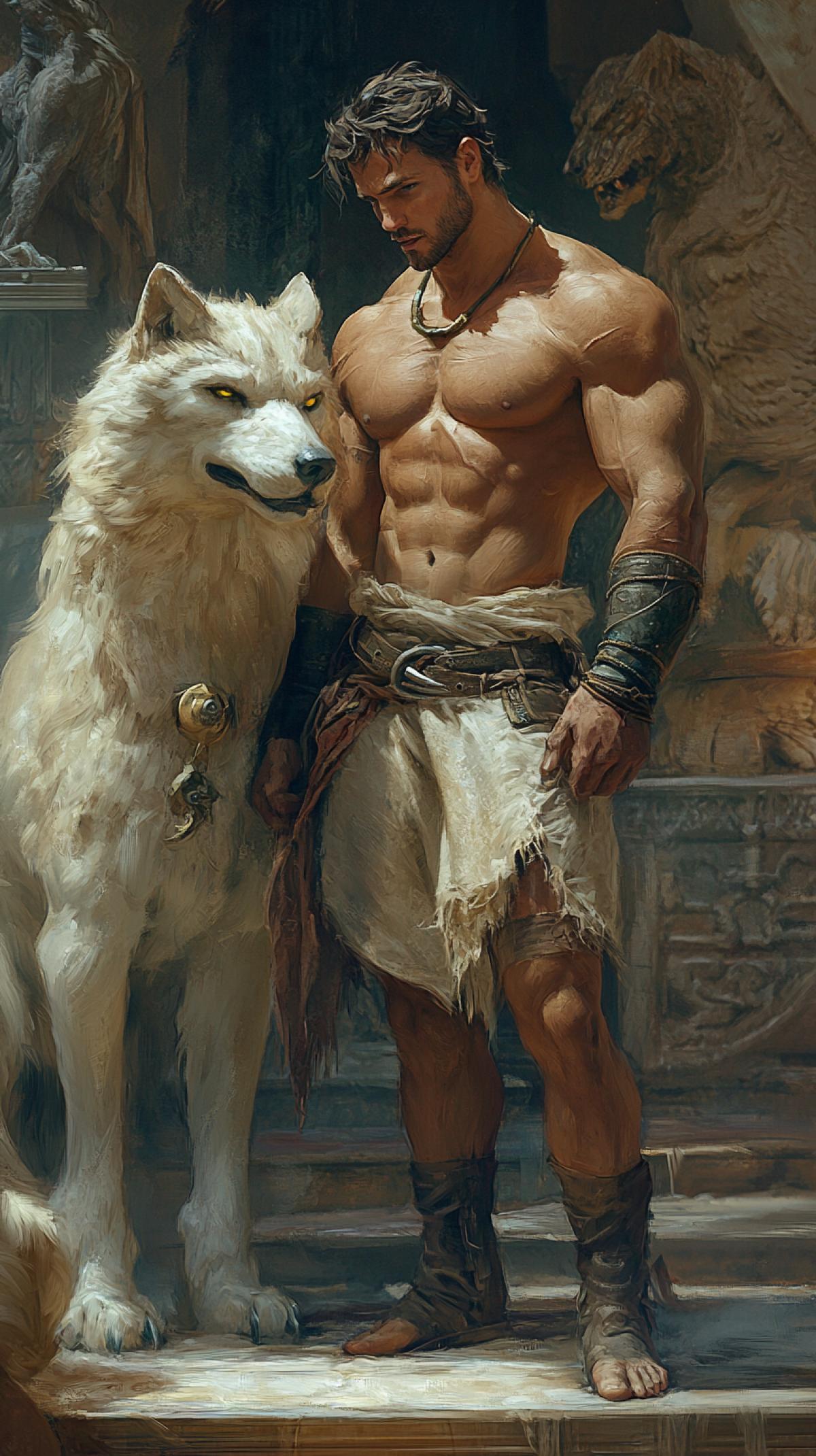 picture in the style of Boris Vallejo, handsome man in full growth. changing his appearance to an animal, Itilgail, magical, beautiful, fabulous, fantasy, masterpiece, aesthetic, many details, realistic, high resolution, high detail, digital art, isometric drawing, high quality, fantasy ar 9:16