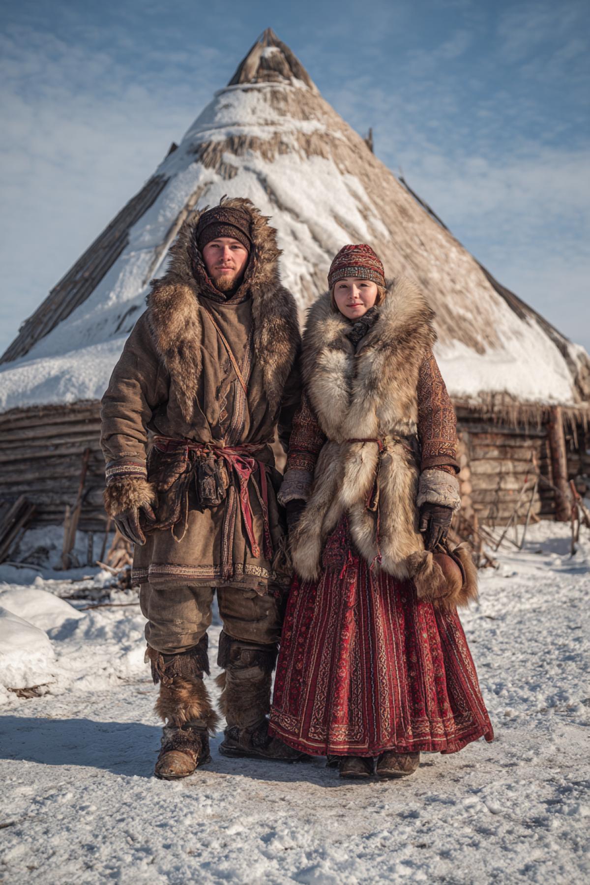 Ethnic Northern Society in Outfits near the Home