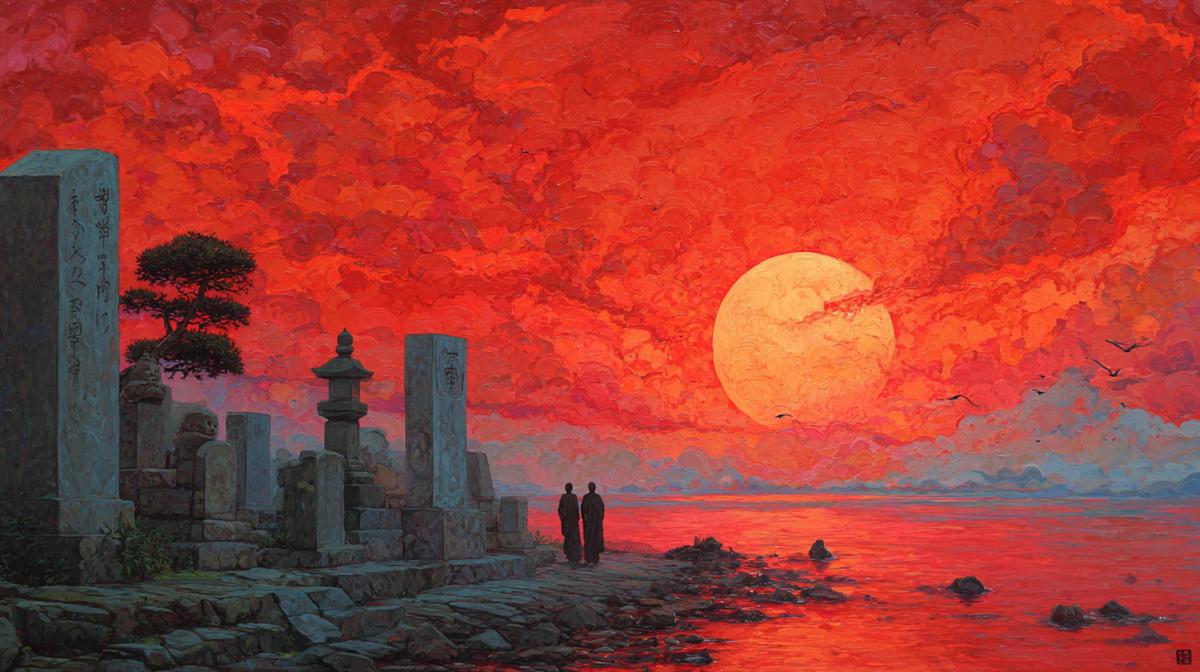 Sunset of human life, death against the backdrop of sunset Japanese surrealism