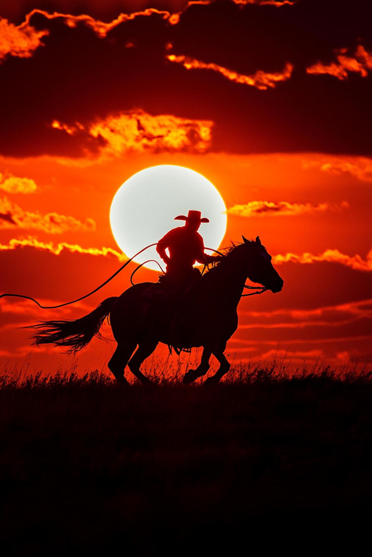 Prairie sunset. The demons lassoed the sun as if it were a wild mustang and are dragging it down by the rope.