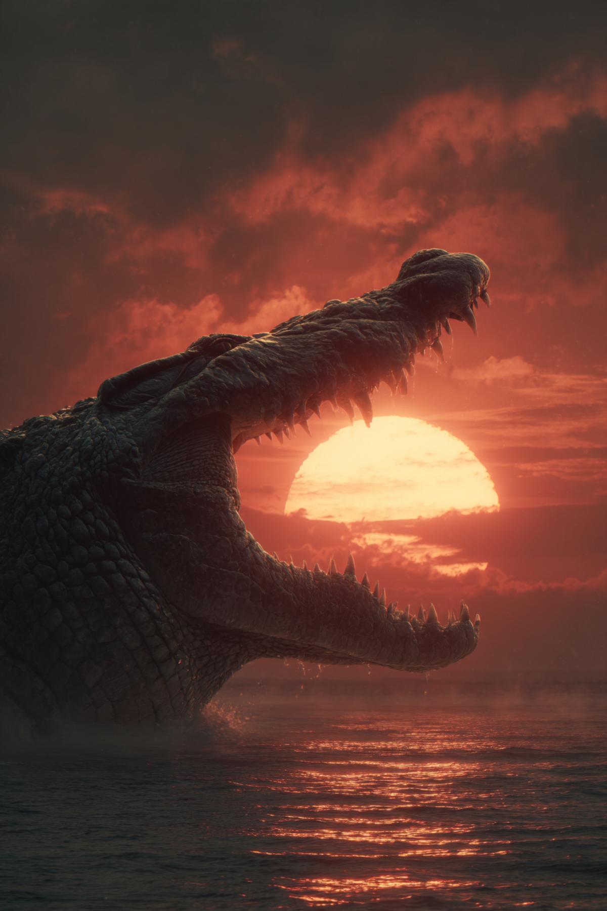 A monstrous big crocodile devouring the sun during sunset, its jaws wide open with the entire sun fitting inside its mouth. Apocalyptic atmosphere, disaster movie scene, dramatic lighting, hyperrealistic, intense colors, cinematic, scale distortion, terrifying yet majestic.
