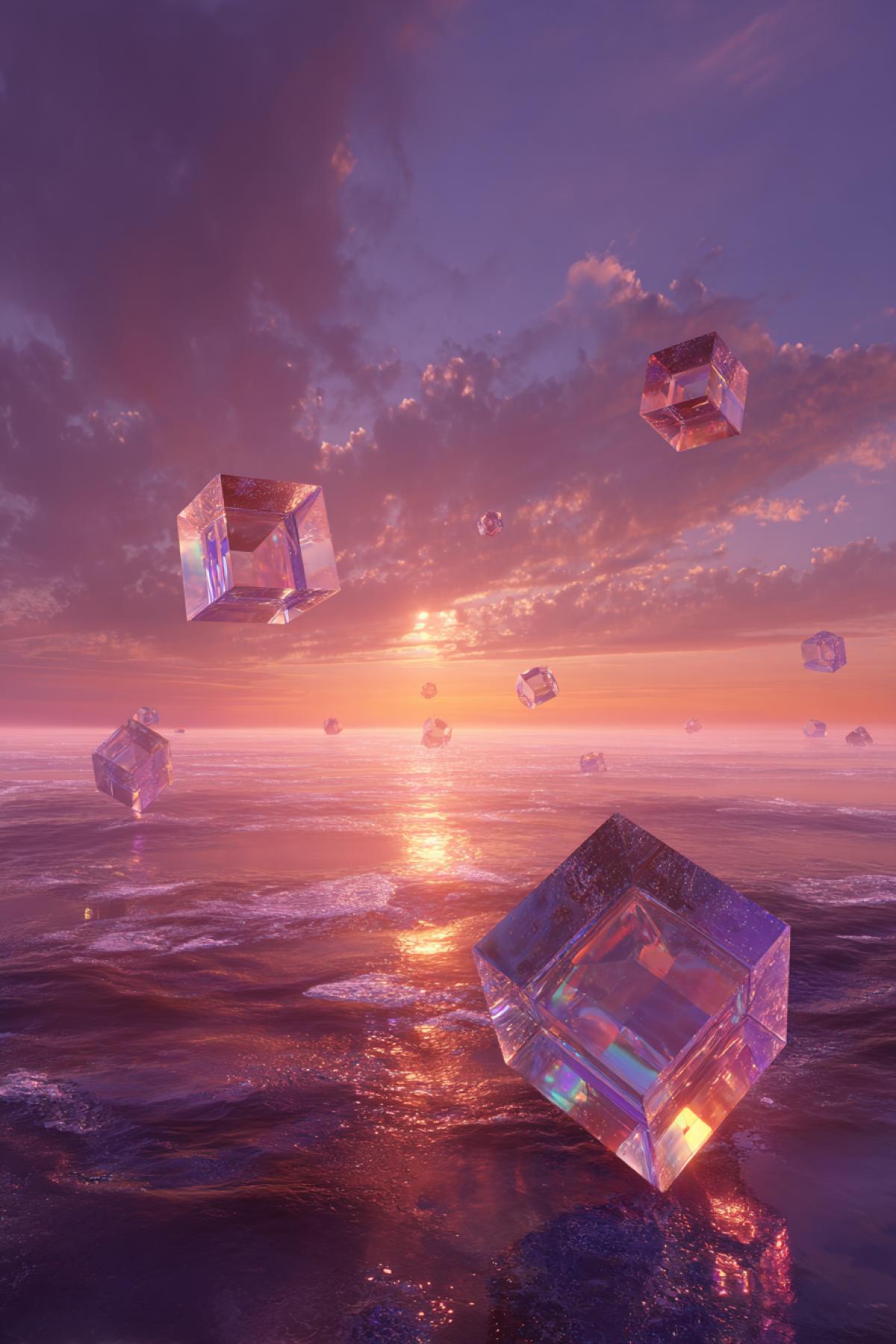 A surrealistic sunset in a dreamlike landscape, where the sky is a fluid mosaic of molten gold and violet, with floating geometric shapes代替 traditional clouds. The sun is a fragmented crystal prism, casting rainbow rays that refract across a minimalist horizon. Style blend of Zdzisław Beksińskis dystopian surrealism and James Turrells light installations, rendered in hyper-realistic 3D with volumetric lighting and ethereal glow. Color palette: deep magenta, electric blue, and burnt orange. Com4k: dynamic asymmetry, wide-angle view.