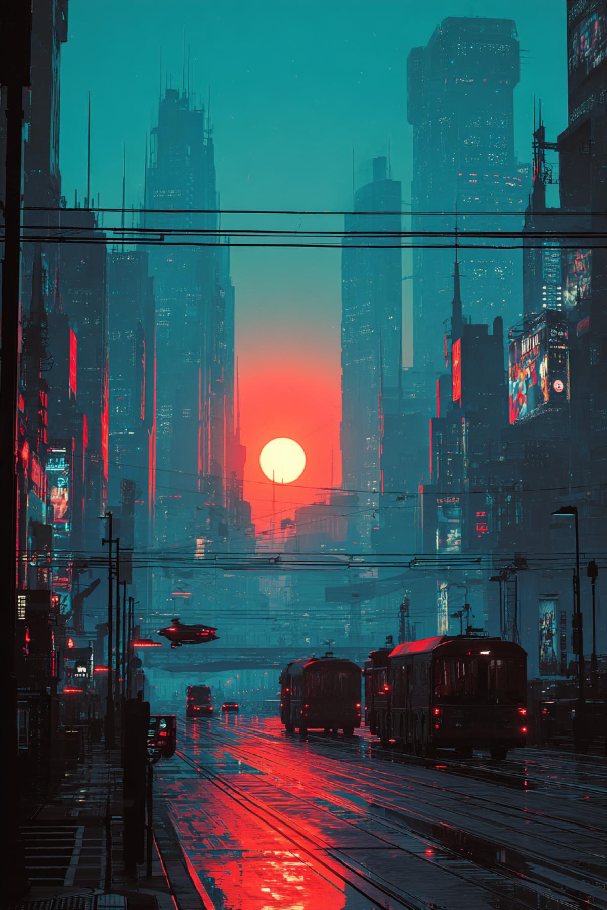 Neo-Tokyo cityscape at sunset, where the sun is replaced by a holographic AI core emitting neon-red rays, piercing through smog-filled skies. Skyscrapers with retro-futuristic architecture reflect the light in laser-like streaks, while flying vehicles cast elongated shadows on streets saturated with augmented reality advertisements. Style: cyberpunk fusion of Syd Meads realism and Ash Thorps digital art, with cinematic lighting, lens flares, and cinematic atmosphere. Color scheme: vibrant cyan vs. deep crimson, with high contrast. Details: 8K resolution, ultra-detailed, rain-slicked streets.