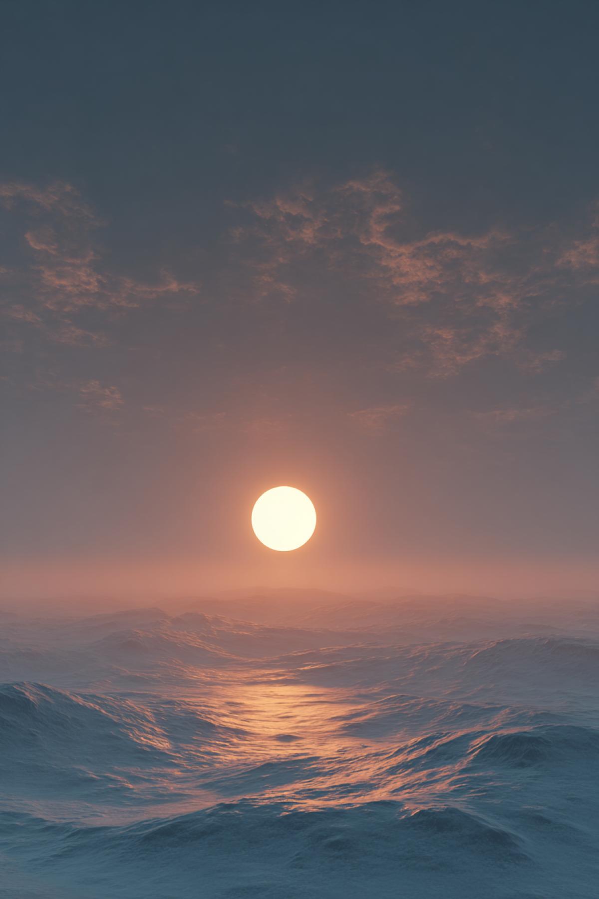 Minimalist sunset over an alien ocean, where the sun is a single-cell organism glowing with bioluminescent amber light, dividing symmetrically like mitosis. The sky is a gradient of muted salmon and dusty blue, with organic, cloud-like structures resembling microbial patterns. Landscape: smooth, liquid-like terrain with subtle ripples. Style: influenced by Alexander Calders mobiles and microscopic photography, with soft focus and matte texture. Mood: serene and mysterious. Lighting: subtle subsurface scattering style raw --no traditional clouds, mountains