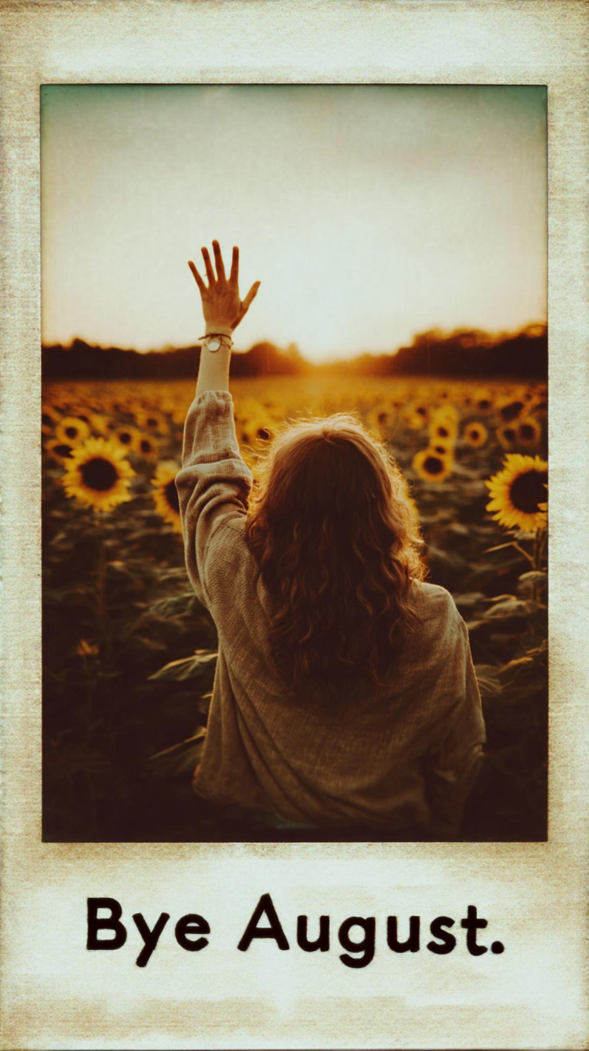 sunset over a field of sunflowers, a girl with her back to the camera, her hands raised to the sun, the text \" bye August \" above her, captured on an old Polaroid film, grainy