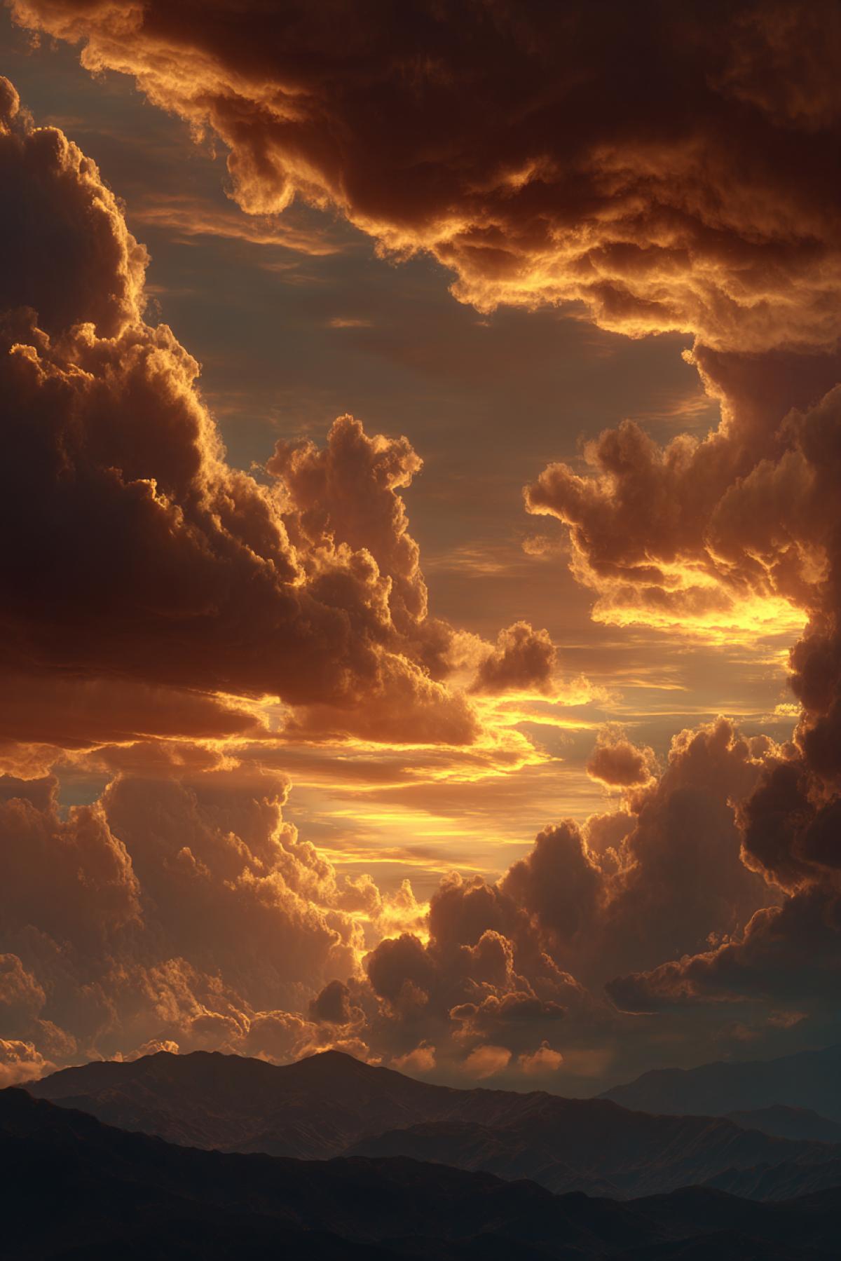 photorealistic sunset over a mountain range, clouds made of liquid fire and gold, incredible detail, dramatic lighting, hyperrealism, 8k, national geographic photo, shot on hasselblad