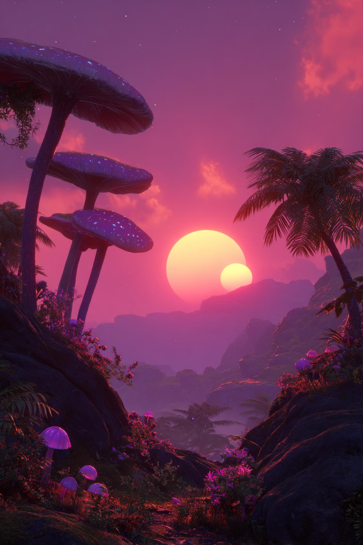 alien planet with two suns setting, big glowing mushrooms instead of trees, vibrant colors, neon pink and deep purple sky, digital painting, concept art, trending on artstation, unreal engine 5