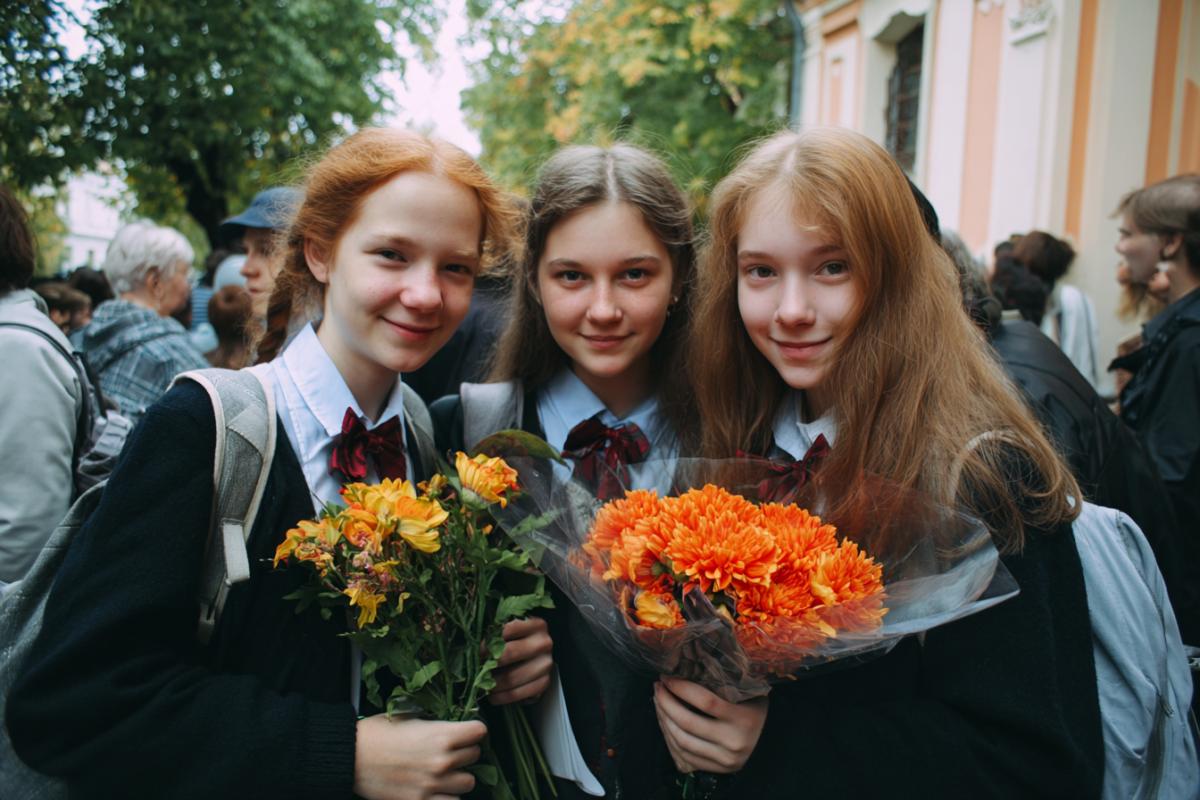 Knowledge Day, students with flowers, school