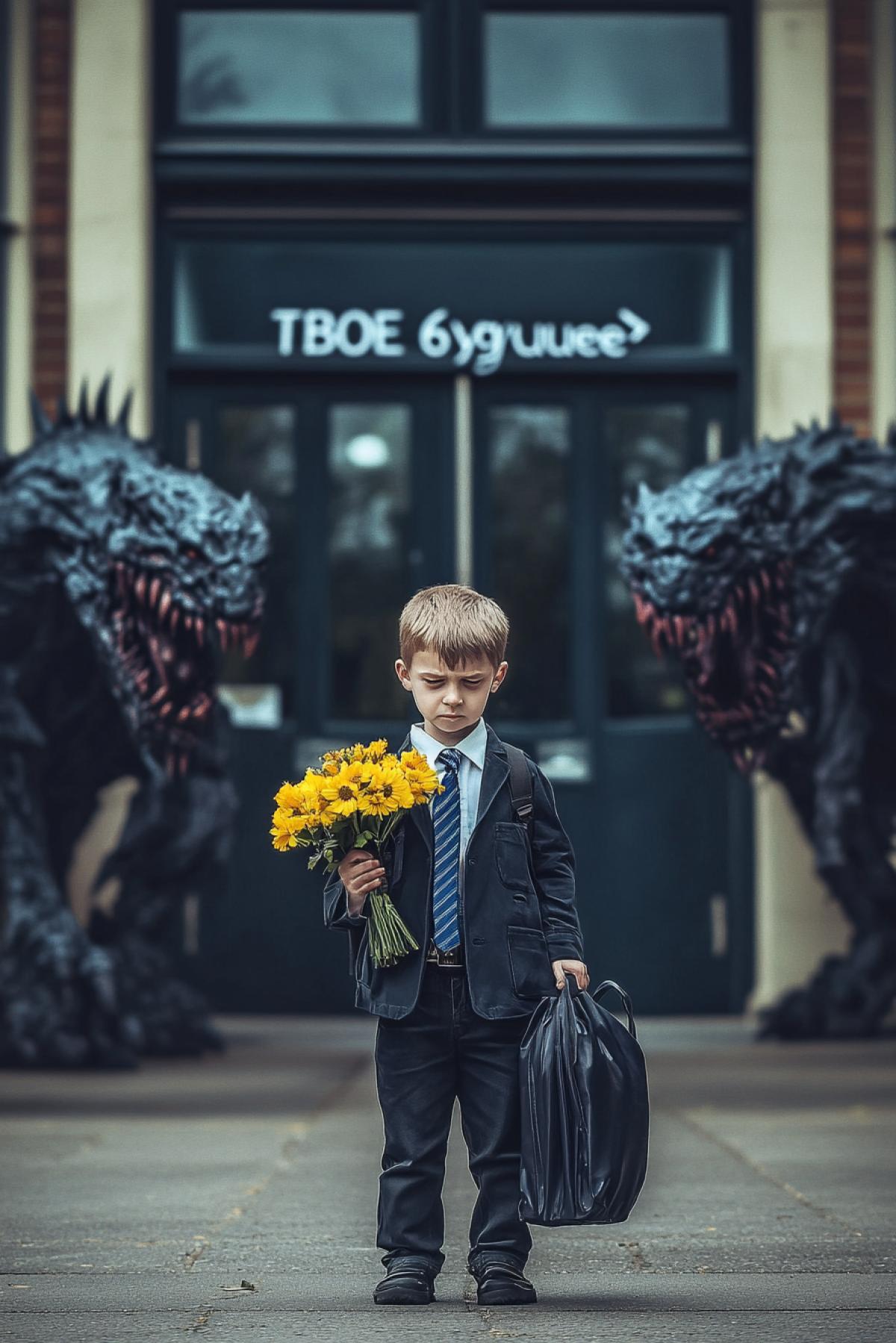 6yo sad schoolboy first time in school schoolbag in one hand flowers in another hand wearing too big size suit and tie in front of school facade \"TBOE 6ygyuuee\" in italic surrounded by awful dark monsters of the future detailed photo high contrast full colour.