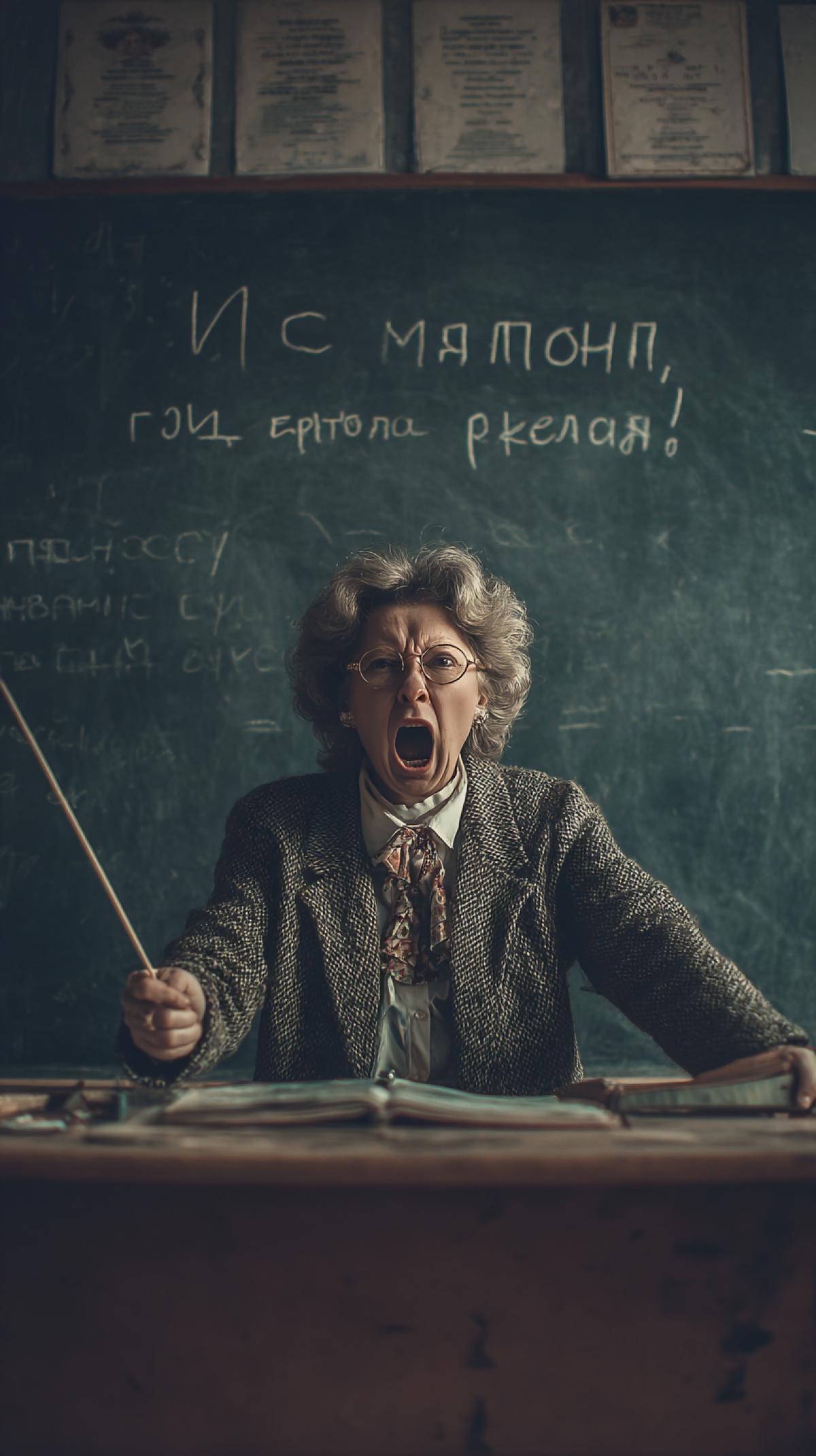 a school classroom in Russia, an old angry teacher at the darkboard with a pointer in her hand, shouting, photo, text below \" in English please \"