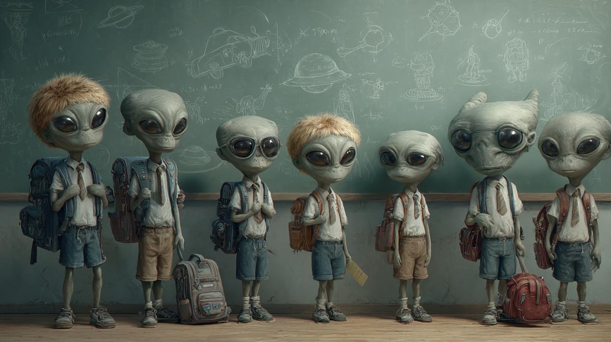 School line of aliens children