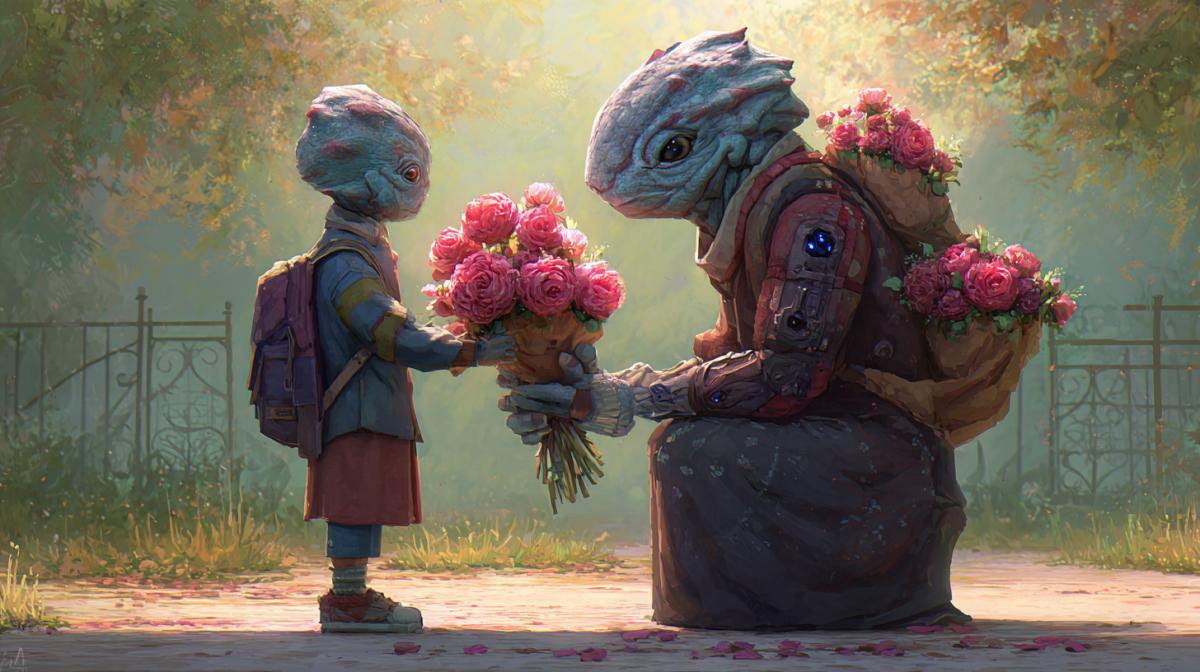The child of an alien gives flowers to the teacher the first of September