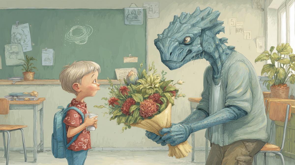 The child of an alien gives flowers to the teacher the first of September