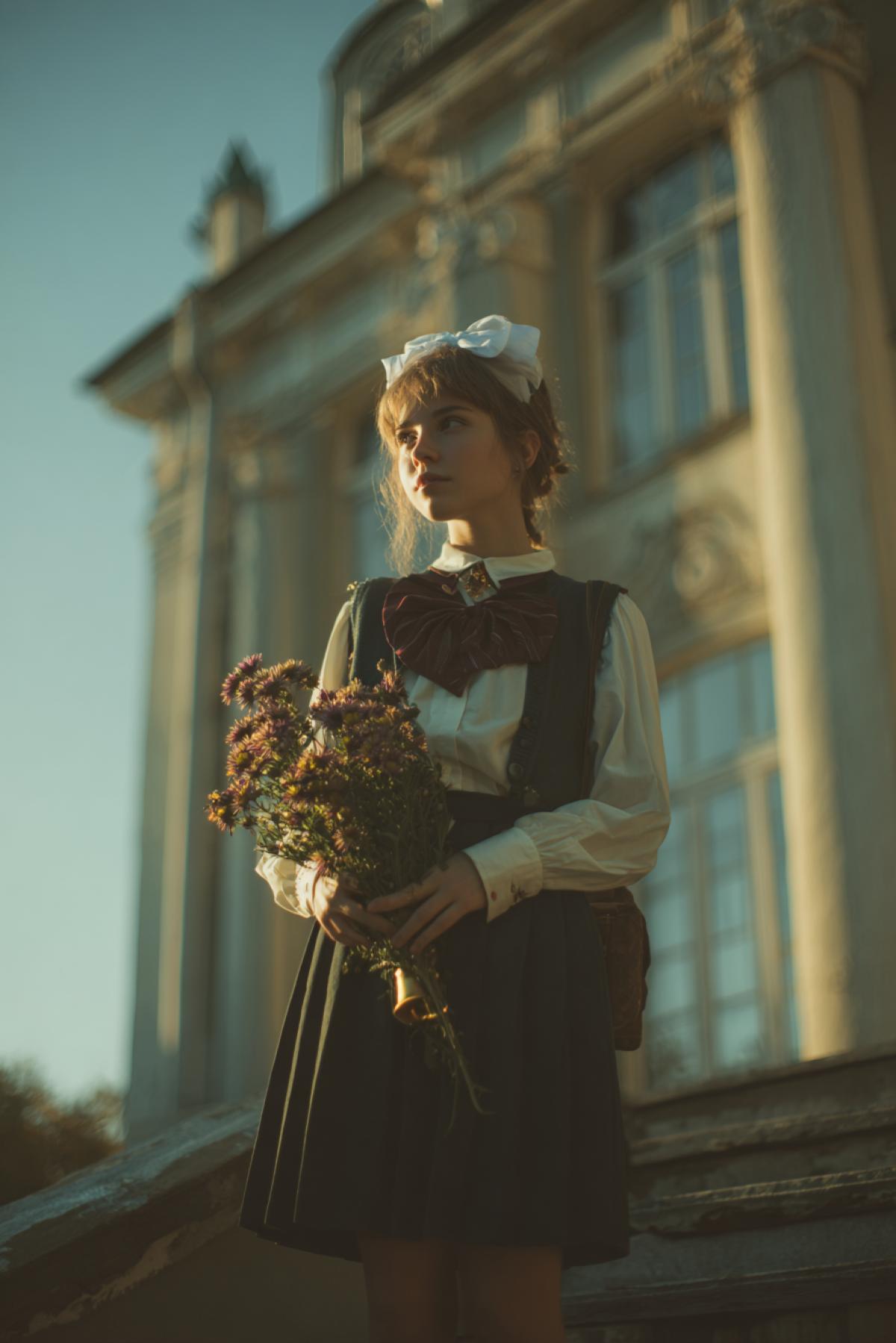 A beautiful Russian schoolgirl with a white bow in her hair, holding a bouquet of asters and a bell, standing on the steps of a classic Soviet school building on a sunny September 1st. Warm, golden hour lighting, soft focus, nostalgic atmosphere, style of a Studio Ghibli anime, detailed background