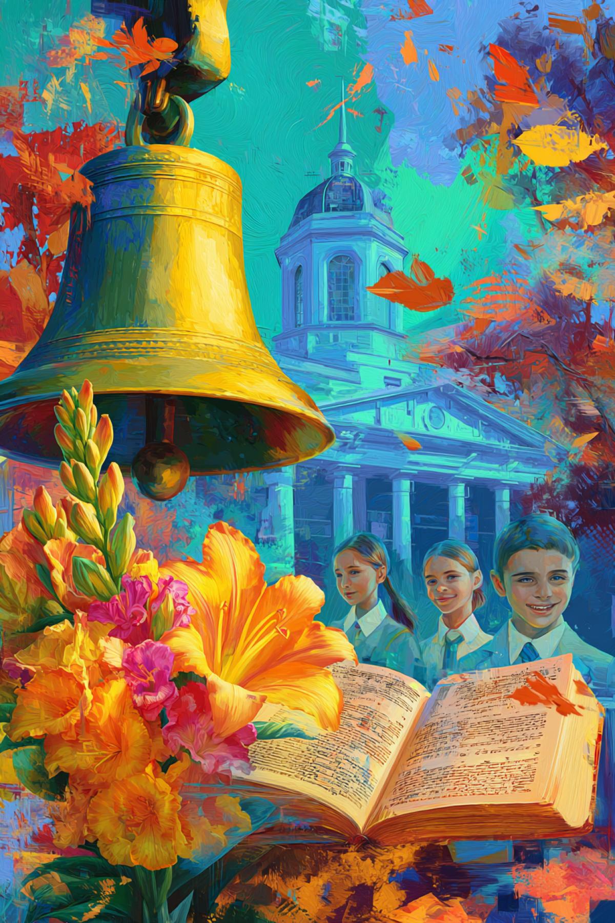 Dynamic collage of Knowledge Day in Russia: a close-up of a ringing bell, flying autumn leaves, open textbook with glowing letters, bouquets of gladiolus and asters, smiling childrens faces, all arranged in a vibrant com4k. Soviet school architecture in background. Bold colors, cinematic lighting, digital painting, style of Artgerm and Ilya Kuvshinov