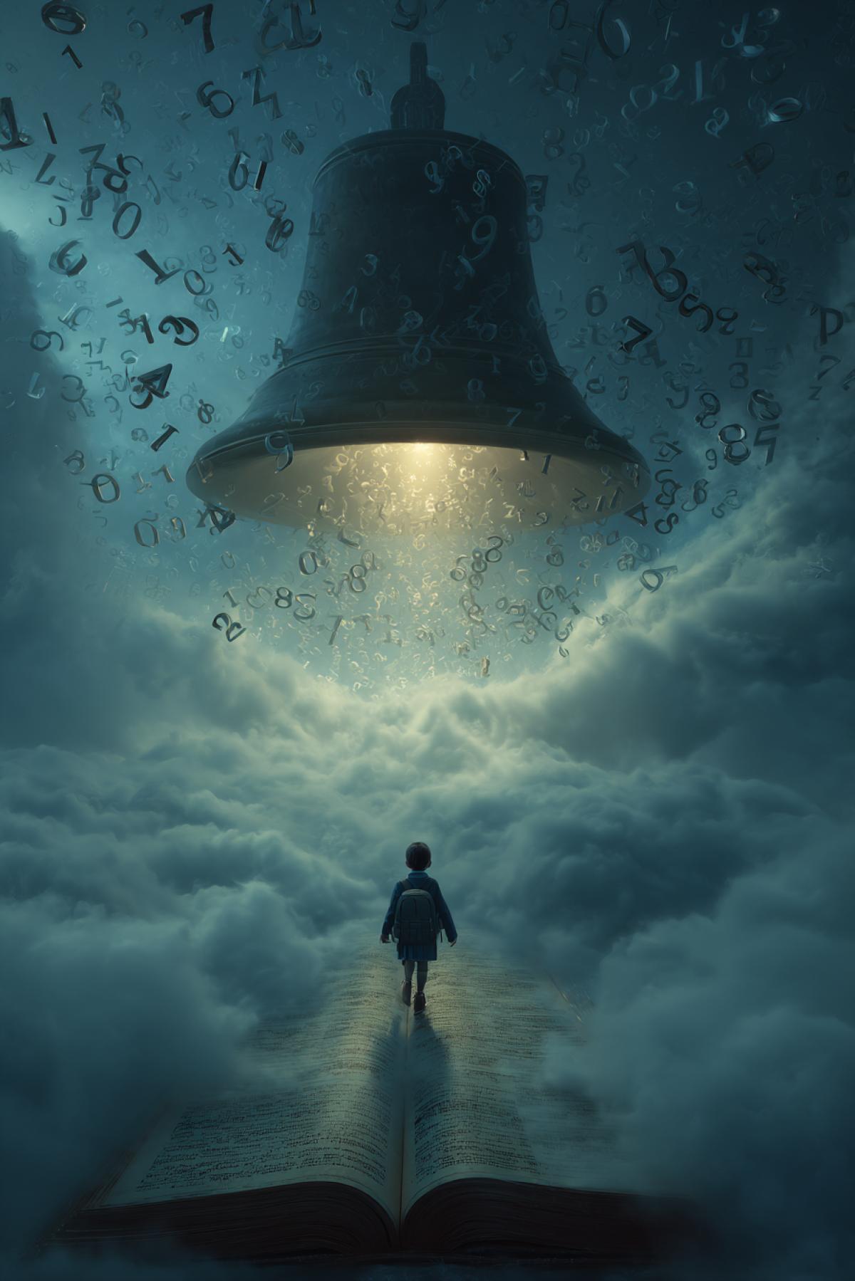 A magical path of light from an open textbook leads to a big glowing bell in the sky, surrounded by flying numbers and letters. A young student in a classic uniform steps onto the path. Surreal, dreamlike atmosphere, ethereal lighting, mystical fog, hyper-detailed, photorealistic, epic scale, style of Greg Rutkowski